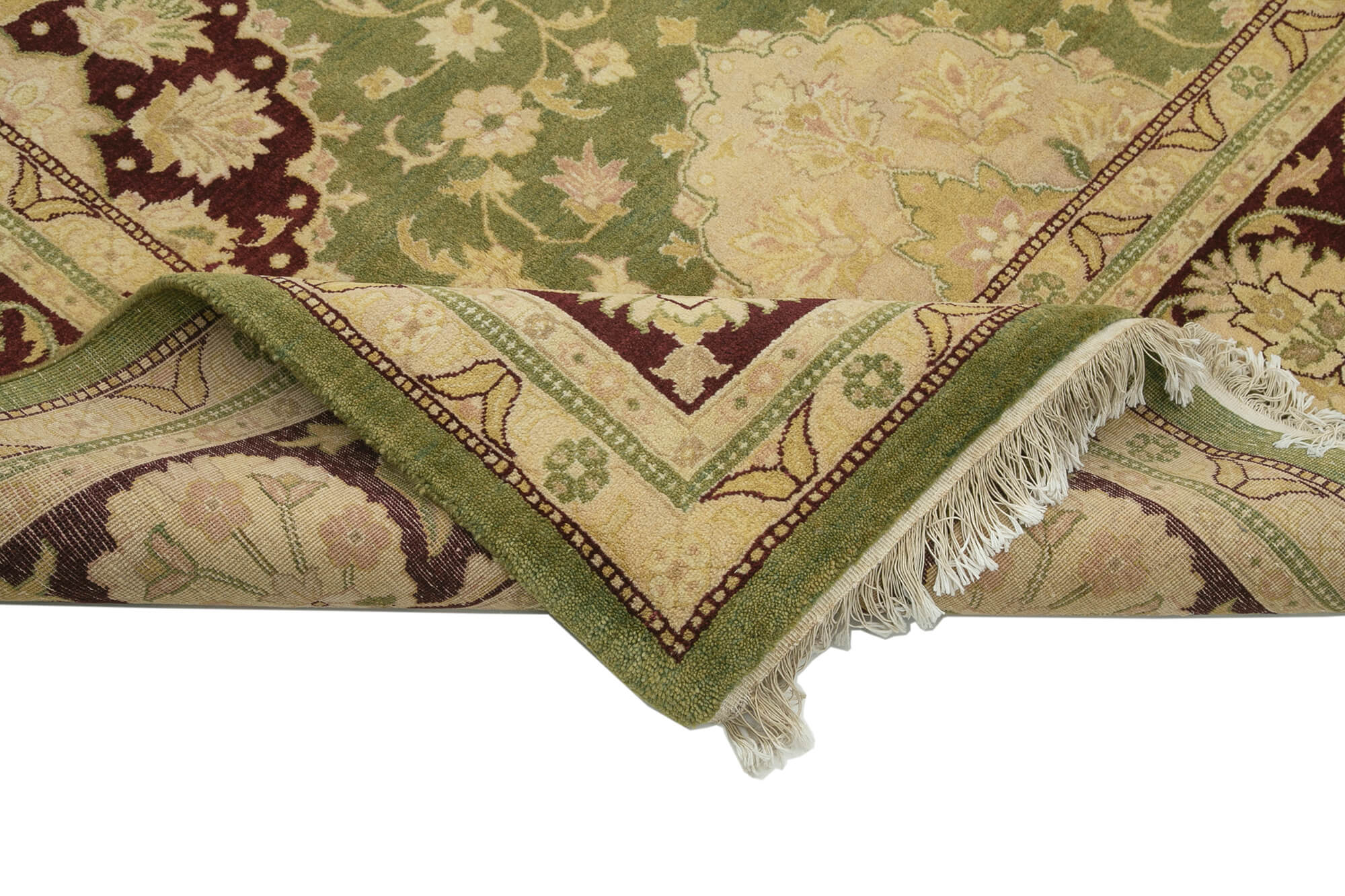 Handmade Wool Area Rug - Tebriz Classic Green Turkish Vintage Cotton Wool Rug 9'1''x12'3''