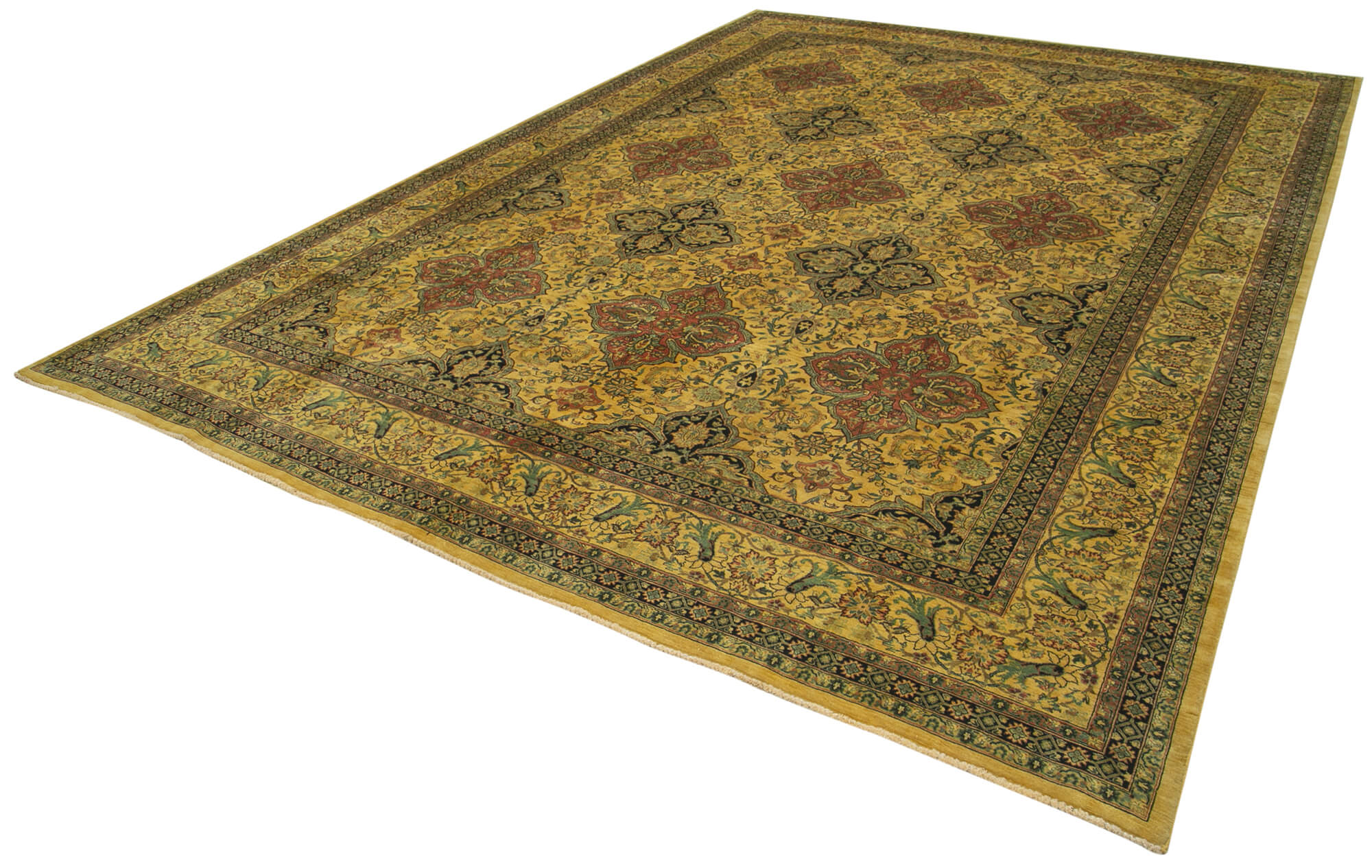 Handmade Wool Area Rug – Tebriz Classic Yellow 9x13 Cotton Wool Carpet