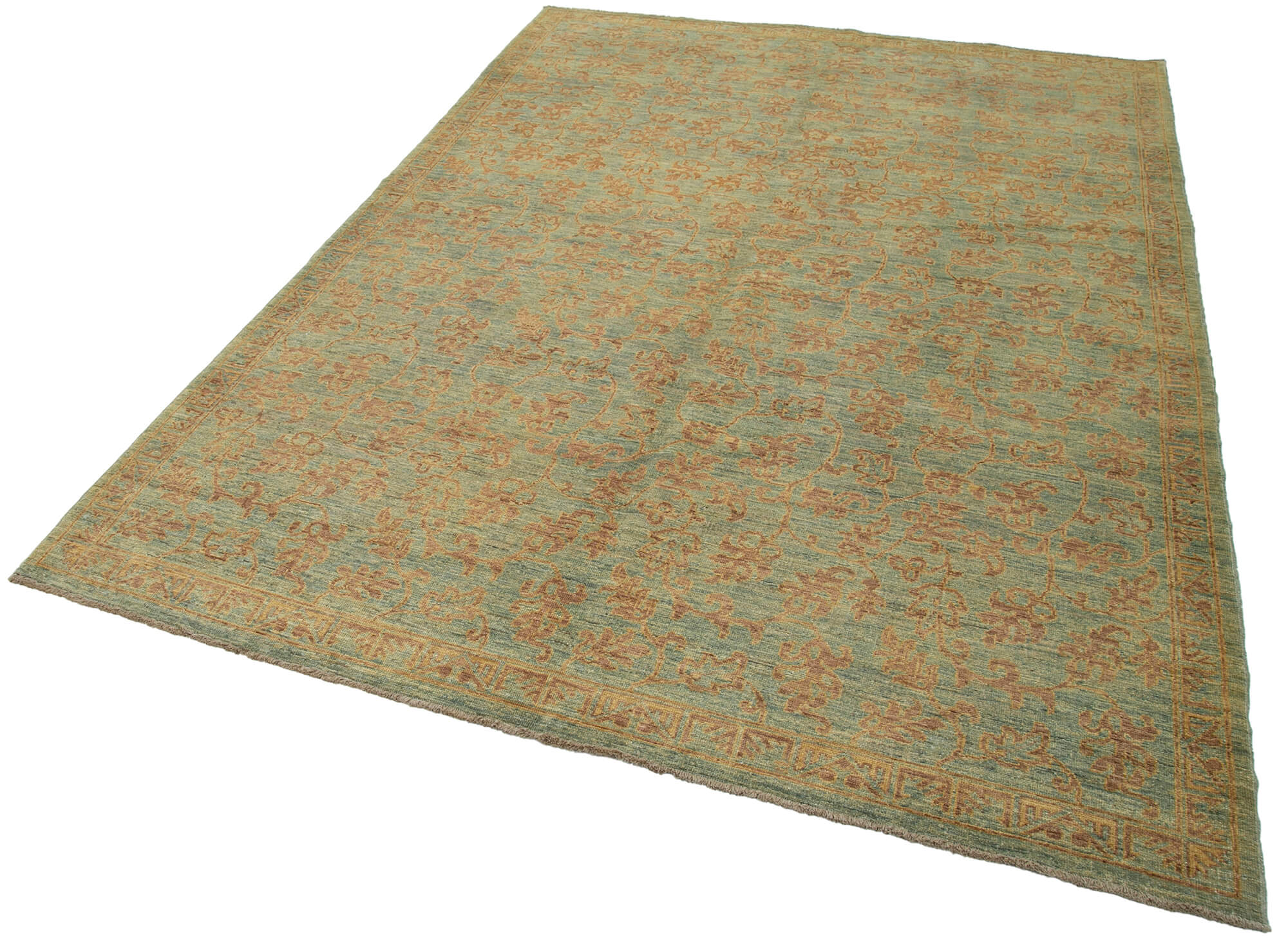 Handmade Wool Area Rug - Tebriz Classic Green 6x9 Cotton Wool Rug with Soft Texture