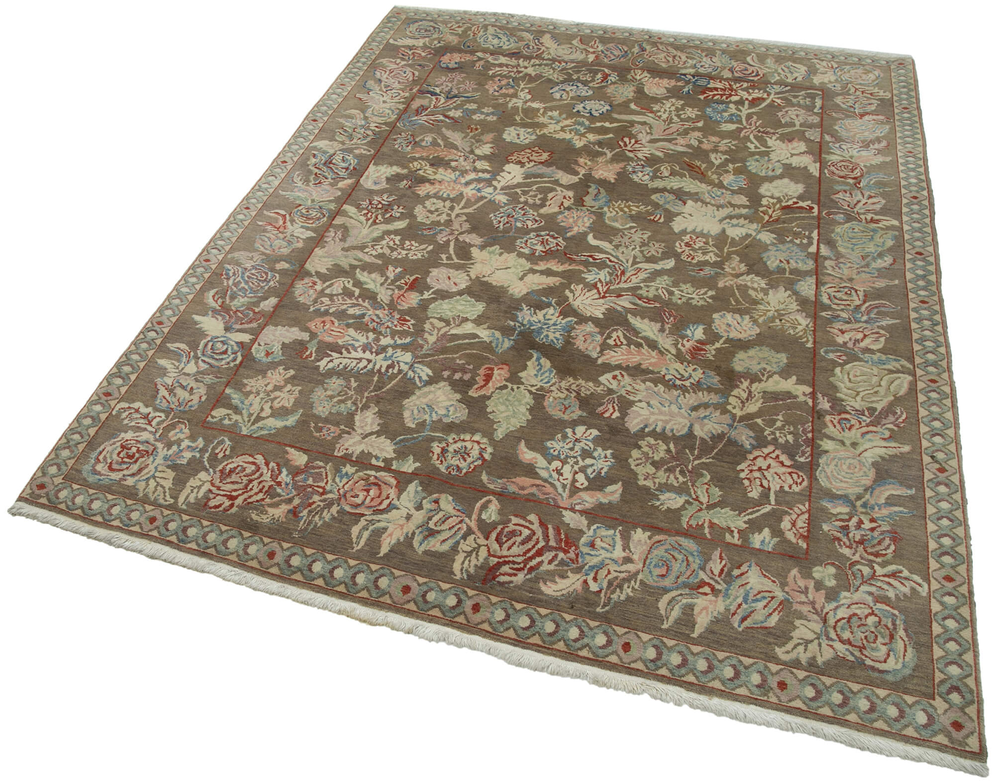 Handmade Wool Area Rug – Tebriz Classic Brown Cotton Wool Rug 5'x7' Soft Texture