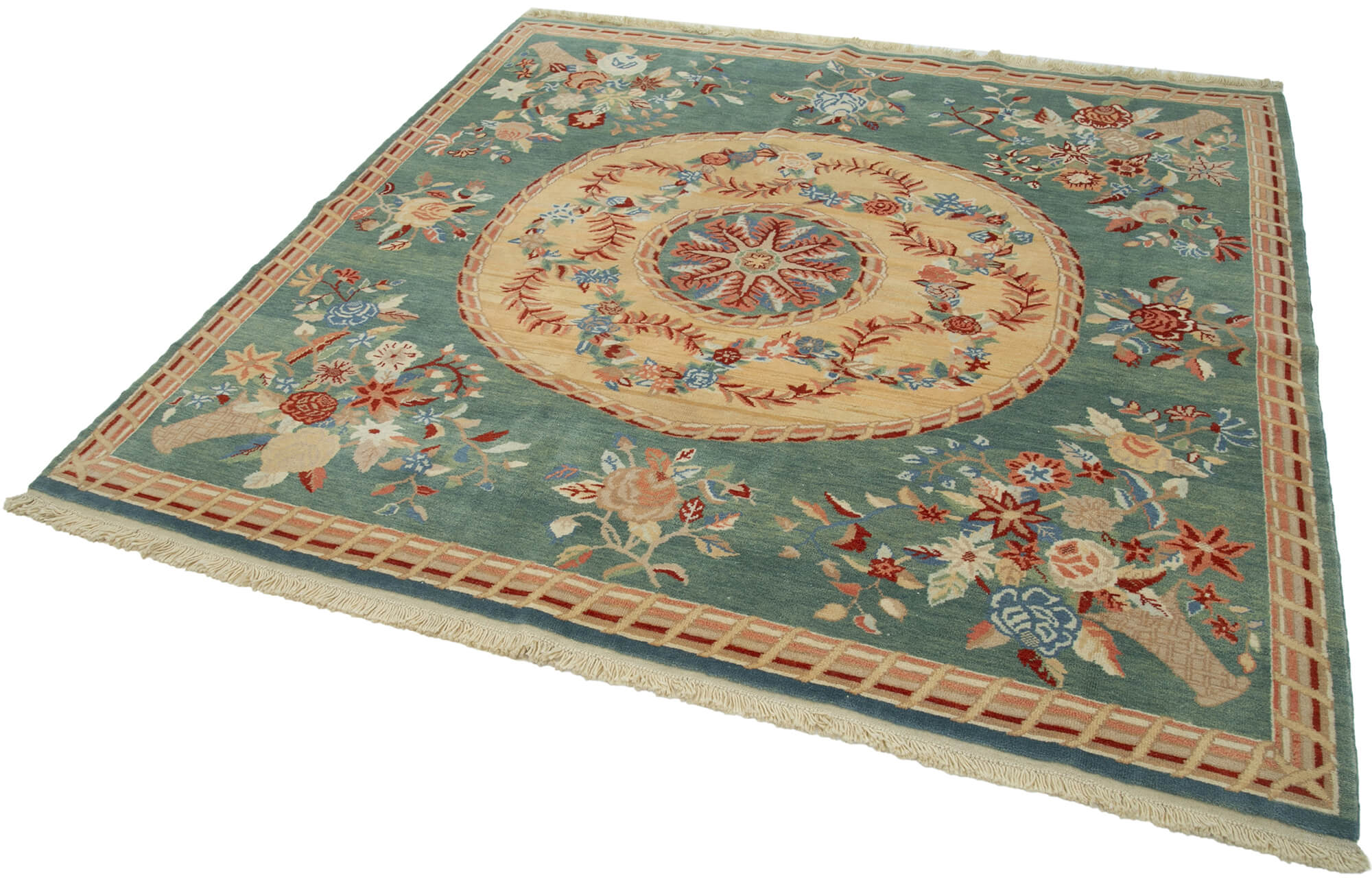 Handmade Wool Area Rug – Tebriz Turquoise Classic Cotton Rug 6'11''x6'7''