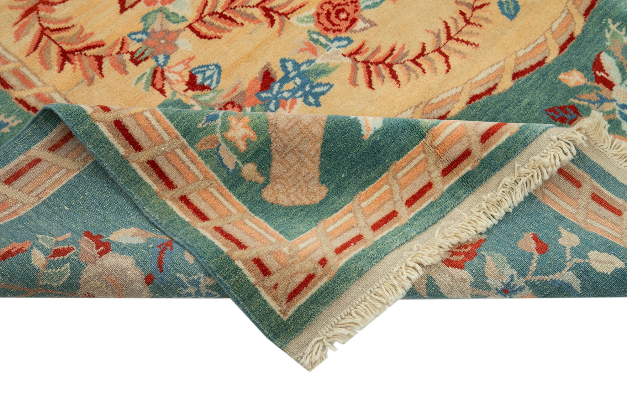 Handmade Wool Area Rug – Tebriz Turquoise Classic Cotton Rug 6'11''x6'7''
