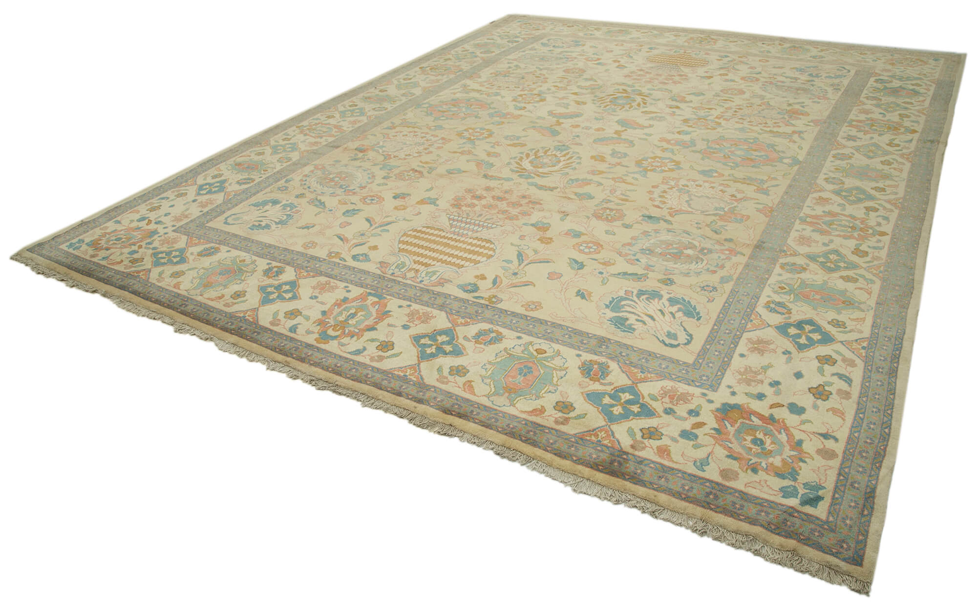 Handmade Wool Area Rug - Tebriz Classic Beige Cotton Wool Rug 10'8''x13'9''