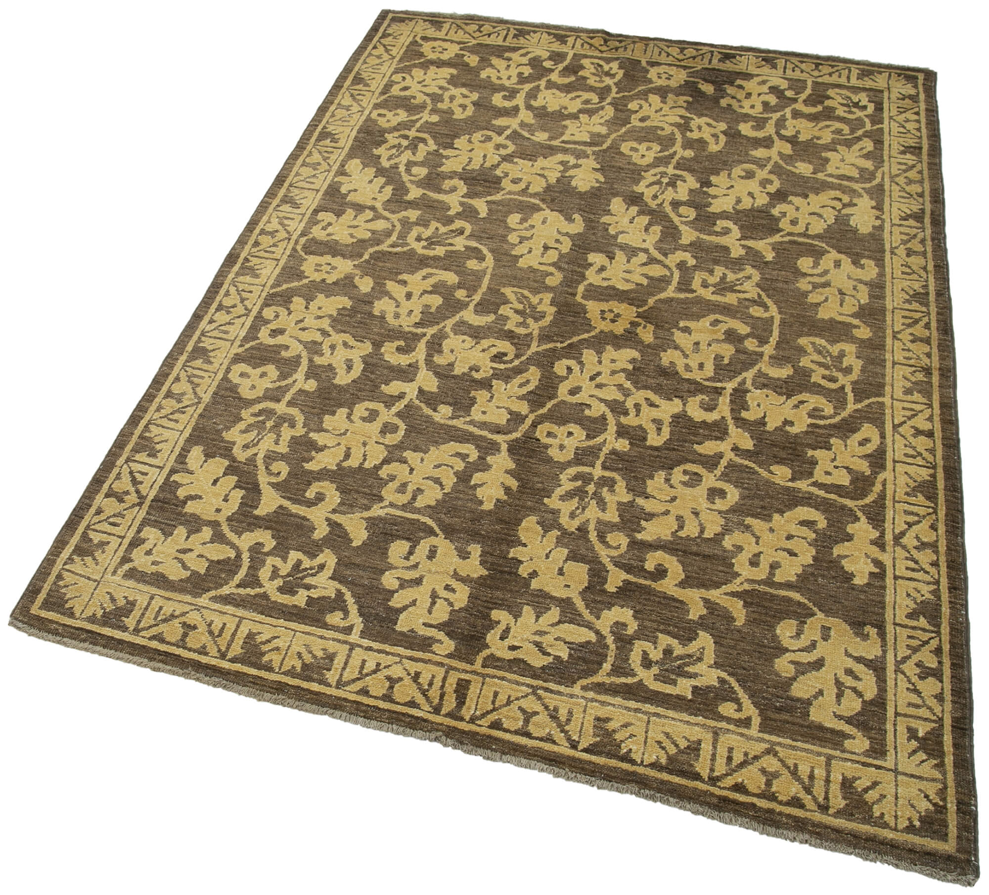 Handmade Wool Area Rug - Tebriz Brown Classic Cotton Wool Rug 3'11''x5'10''