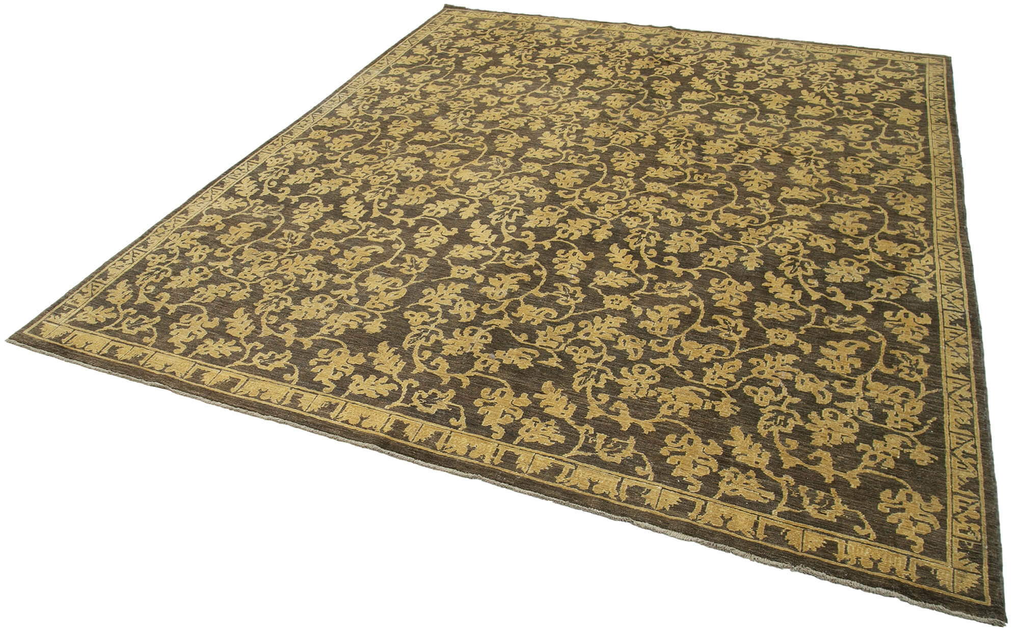 Handmade Wool Area Rug - Classic Brown Cotton Wool Rug 7x9 Foot Vintage Turkish Carpet