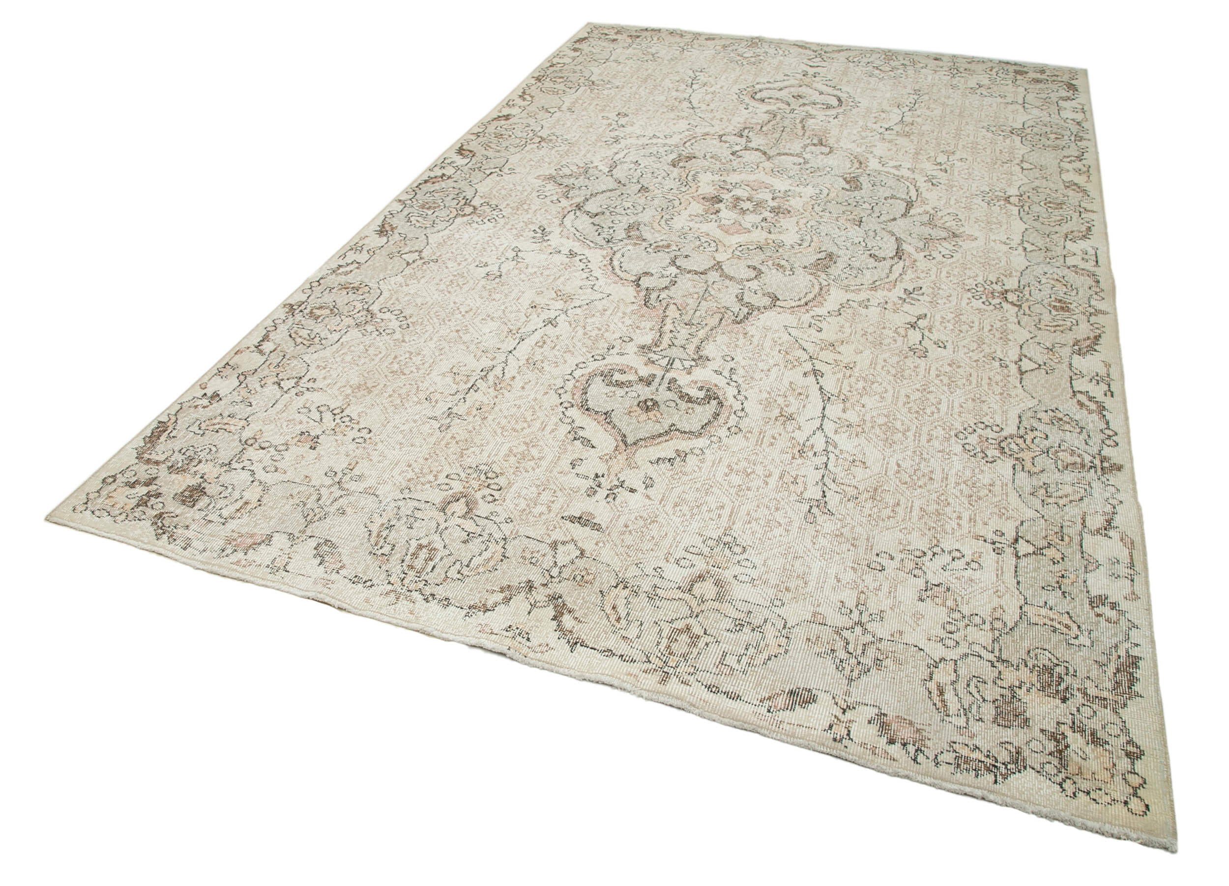 Handmade Vintage Area Rug – Beige Wool Carpet, Durable Cotton Weave 6'7''x10'10''