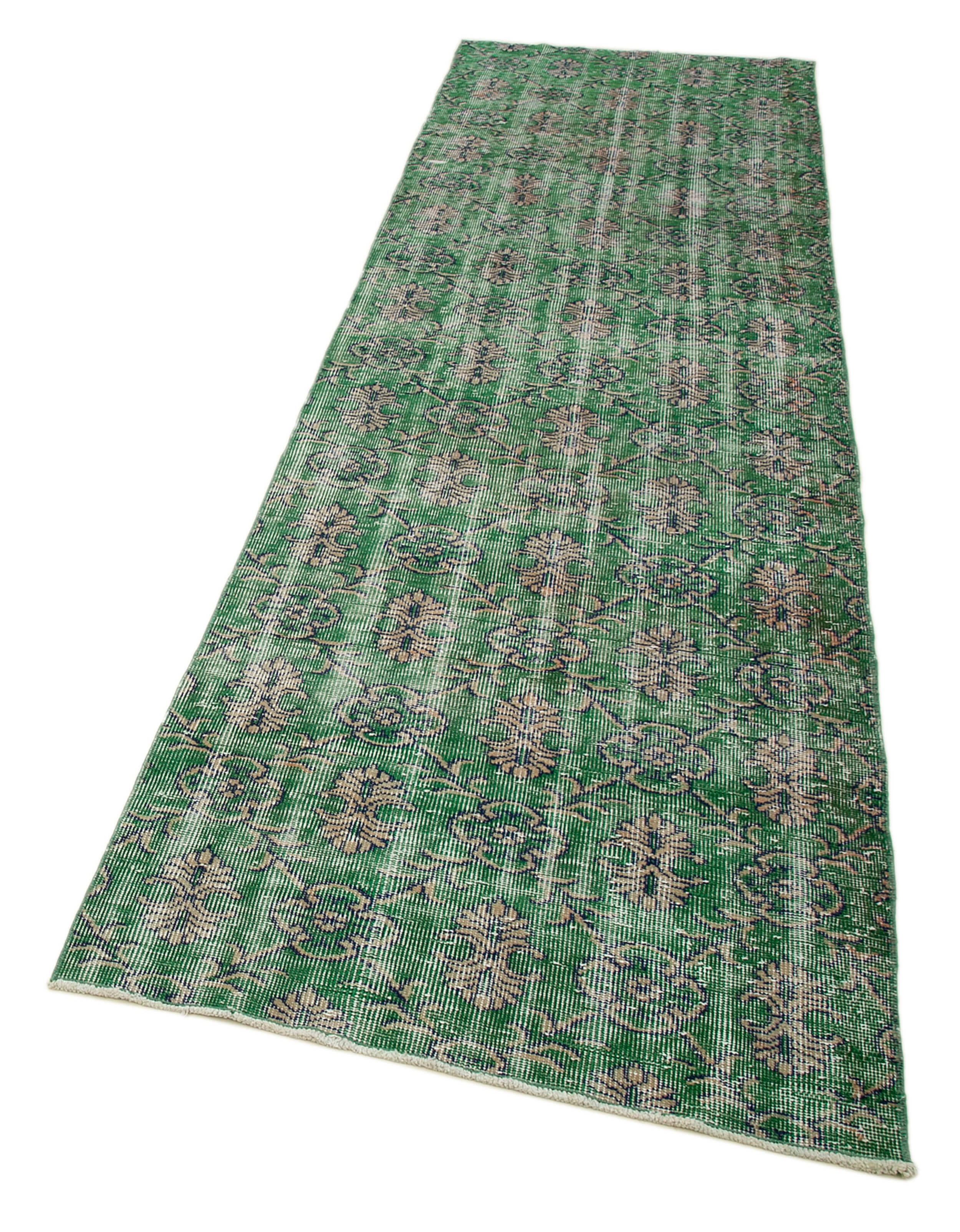 Handmade Vintage Area Rug – Overdyed Green Cotton Wool, Turkish Wool Rug 2'11''x10'3''