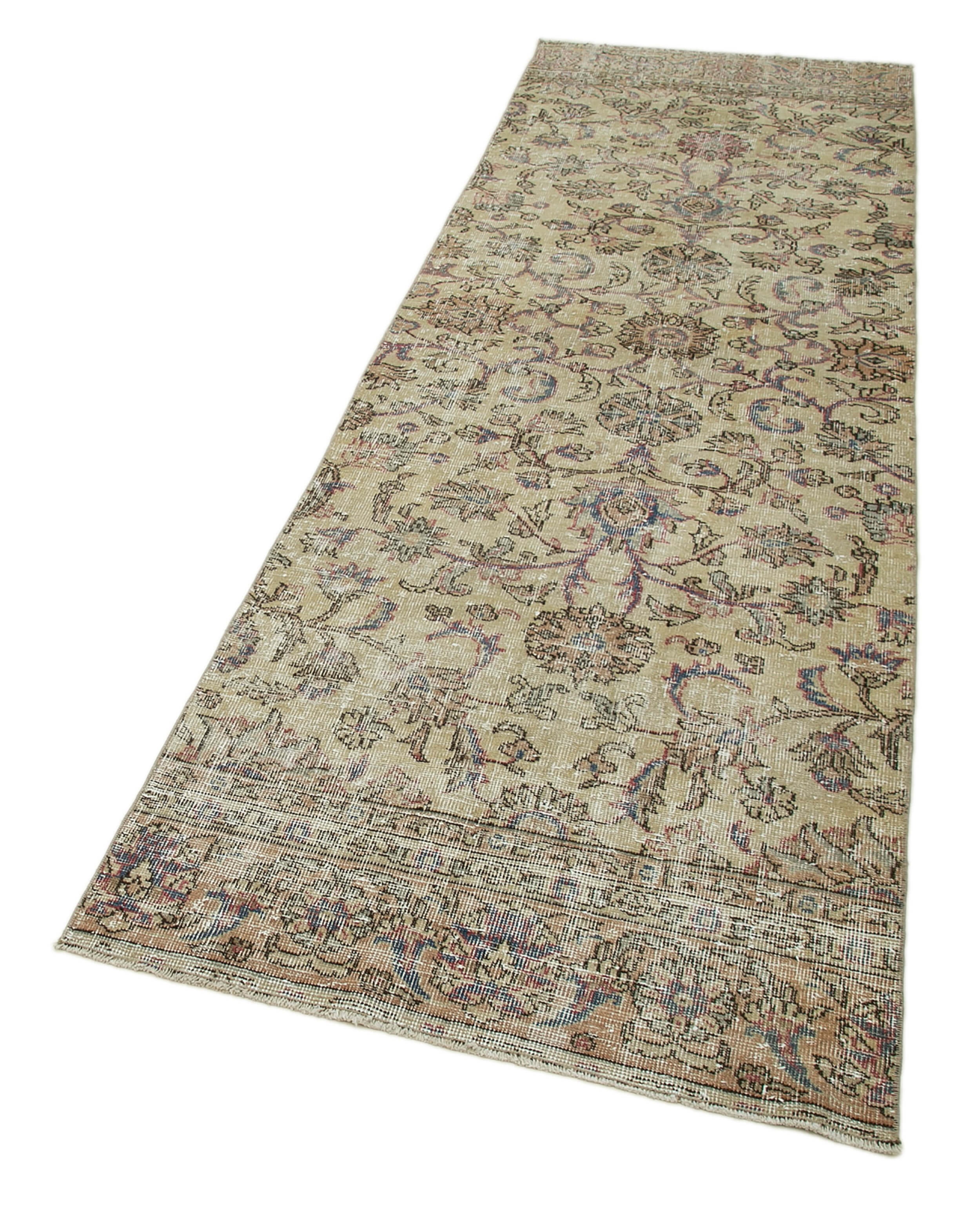 Handmade Vintage Area Rug – Overdyed Turkish Wool Rug 3'0'' x 9'3'' | Neutral Beige