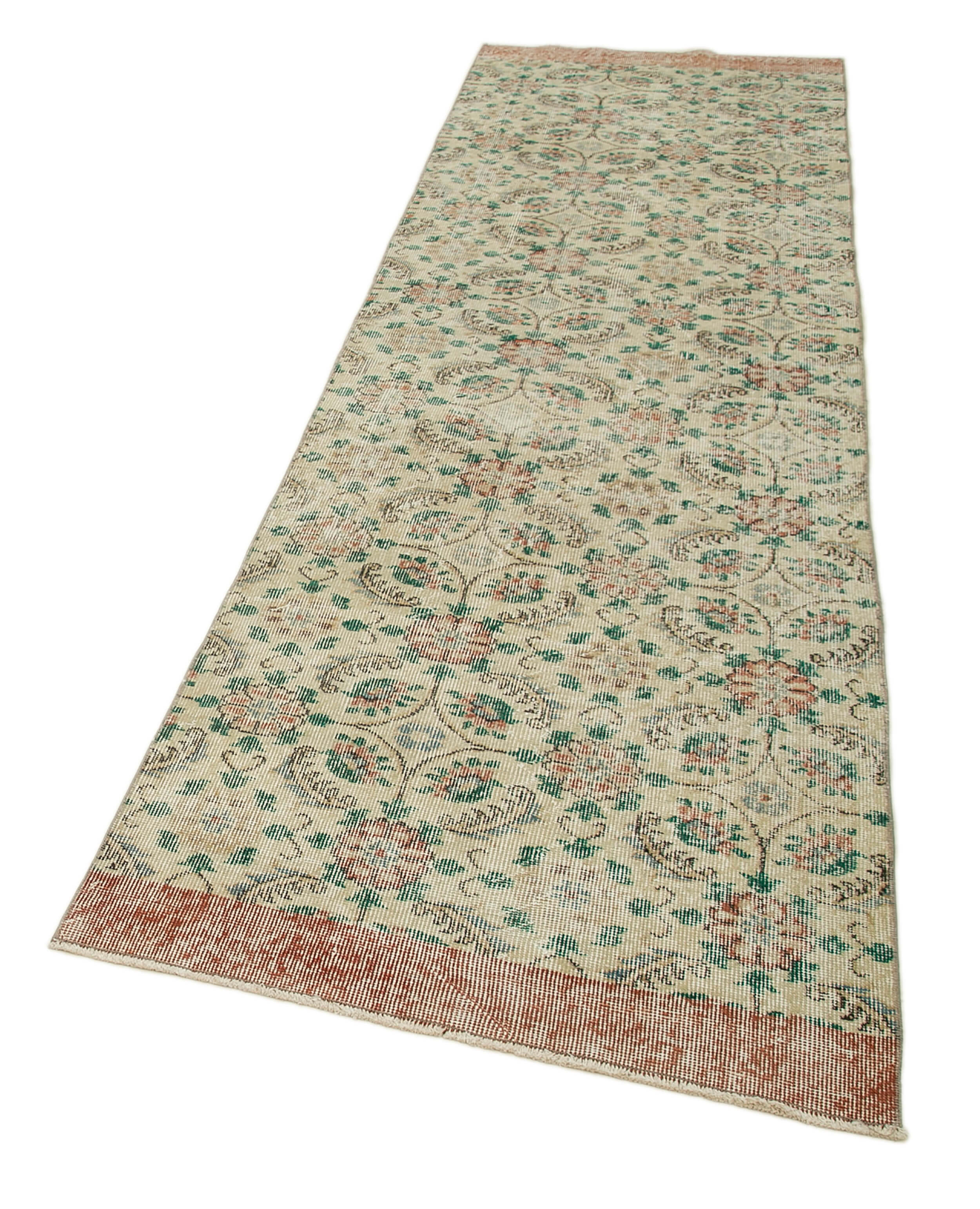Handmade Vintage Area Rug – Overdyed Beige Wool Cotton Boho Style Rug 3'x10'5"