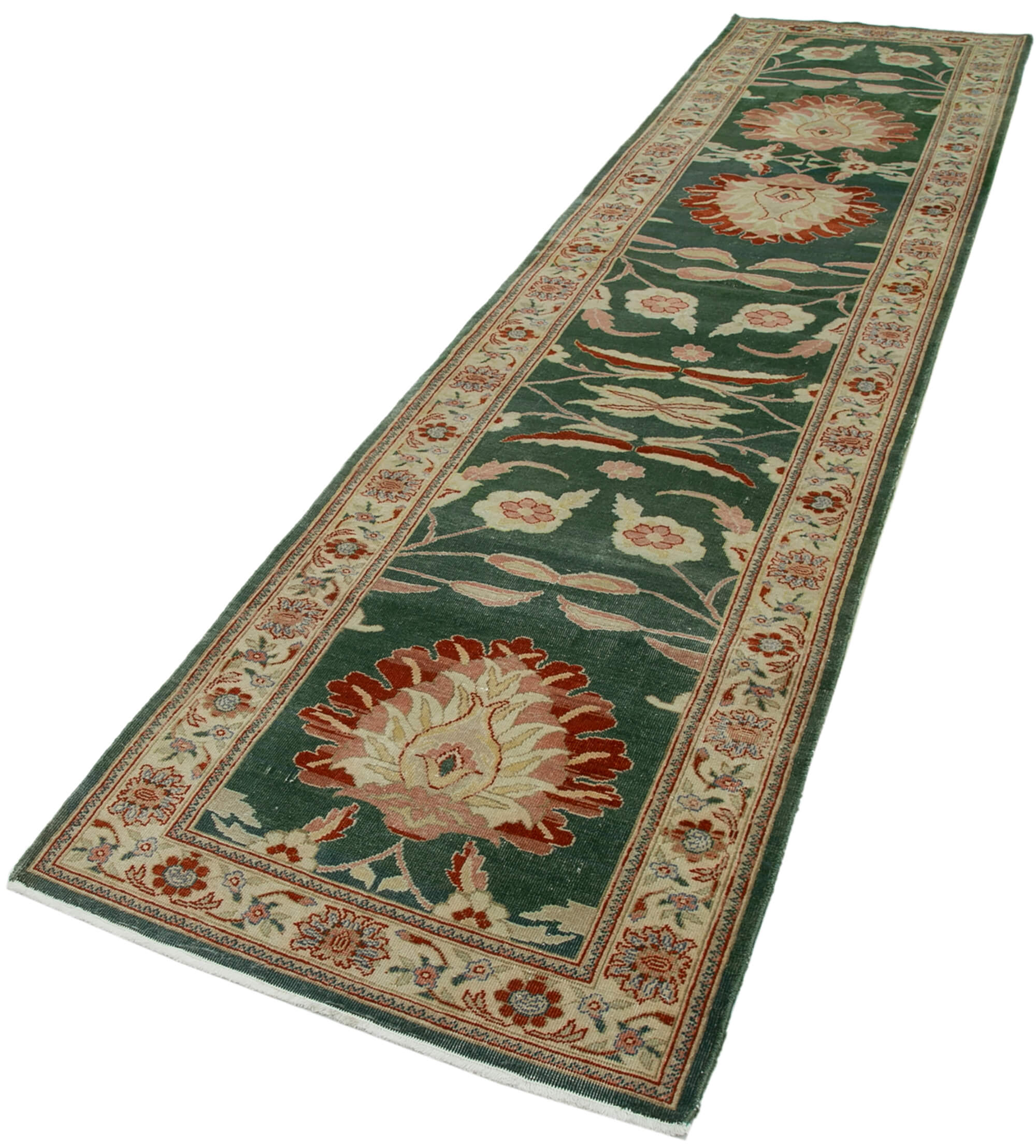 Handmade Wool Area Rug - Classic Green Carpet Cotton Wool Rug 3'x12' Vintage Turkish