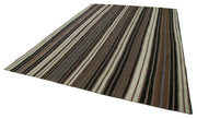Handmade Striped Kilim Rug - Vintage Turkish Carpet, Goat Hair Brown Striped Rug 10'x14'