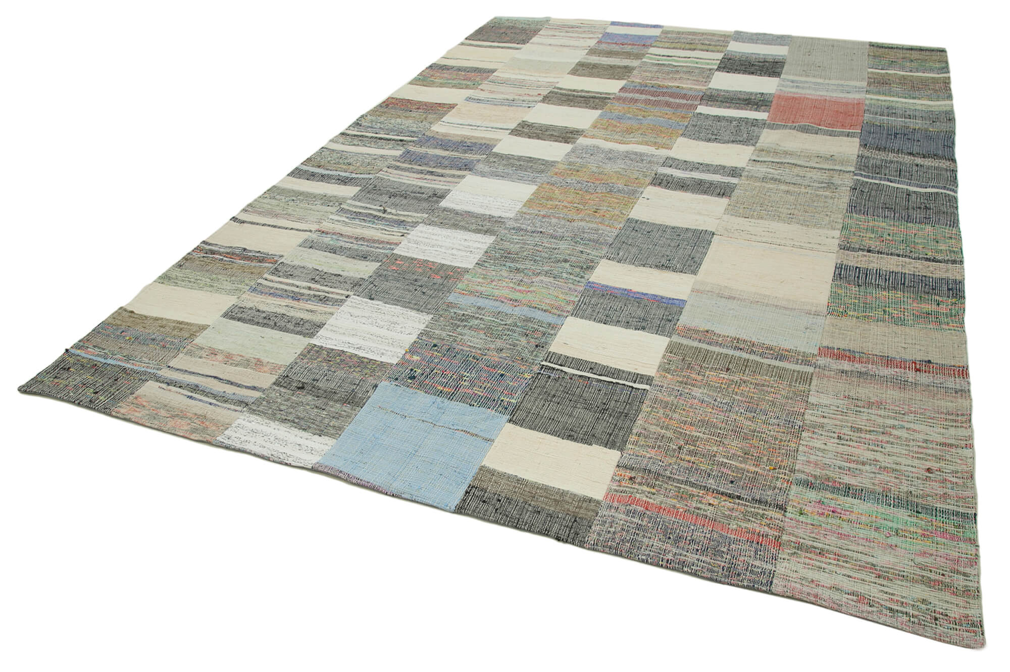 Handmade Area Rug - Kirk Yama Grey Patchwork Cotton Wool Carpet 7'11''x11'10''
