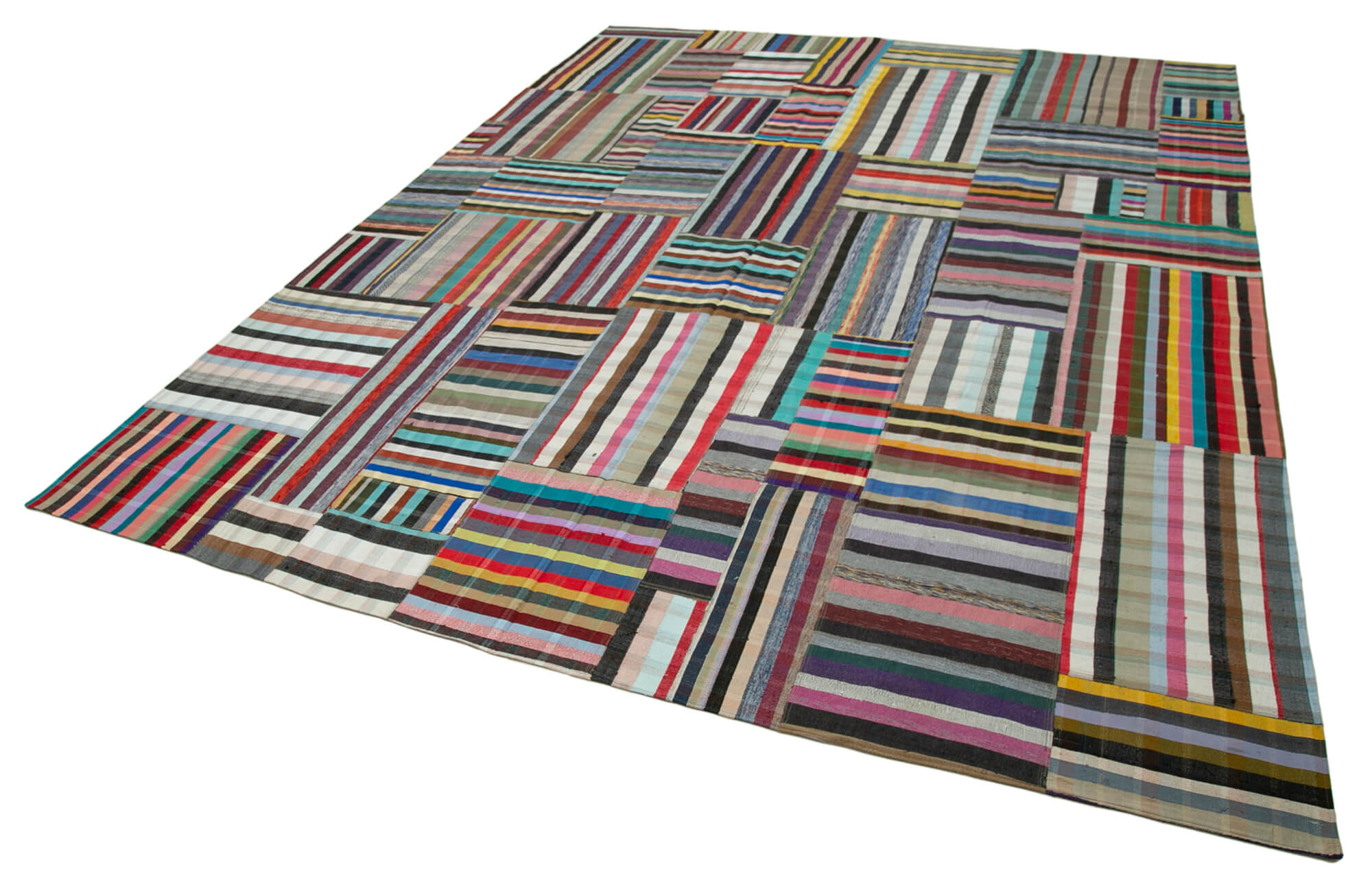 Handmade Wool Area Rug - Grey Patchwork Cotton Wool Rug 11'9'' x 15'0'' | Vintage Turkish Carpet