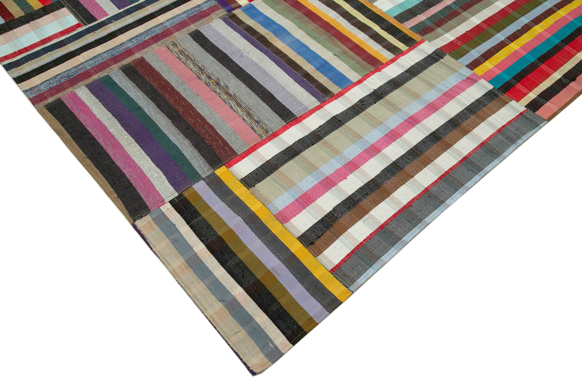 Handmade Wool Area Rug - Grey Patchwork Cotton Wool Rug 11'9'' x 15'0'' | Vintage Turkish Carpet