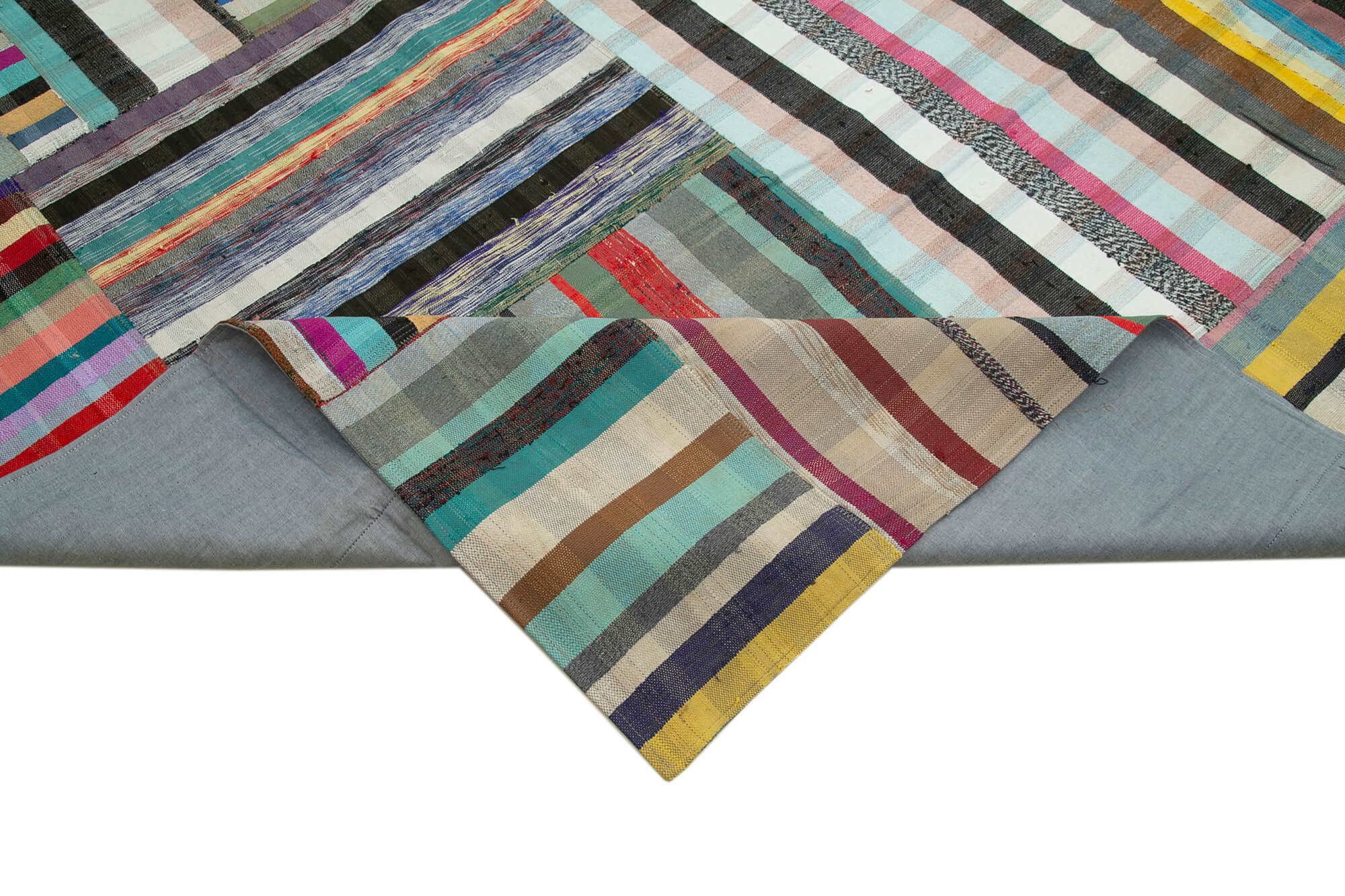 Handmade Wool Area Rug - Grey Patchwork Cotton Wool Rug 11'9'' x 15'0'' | Vintage Turkish Carpet