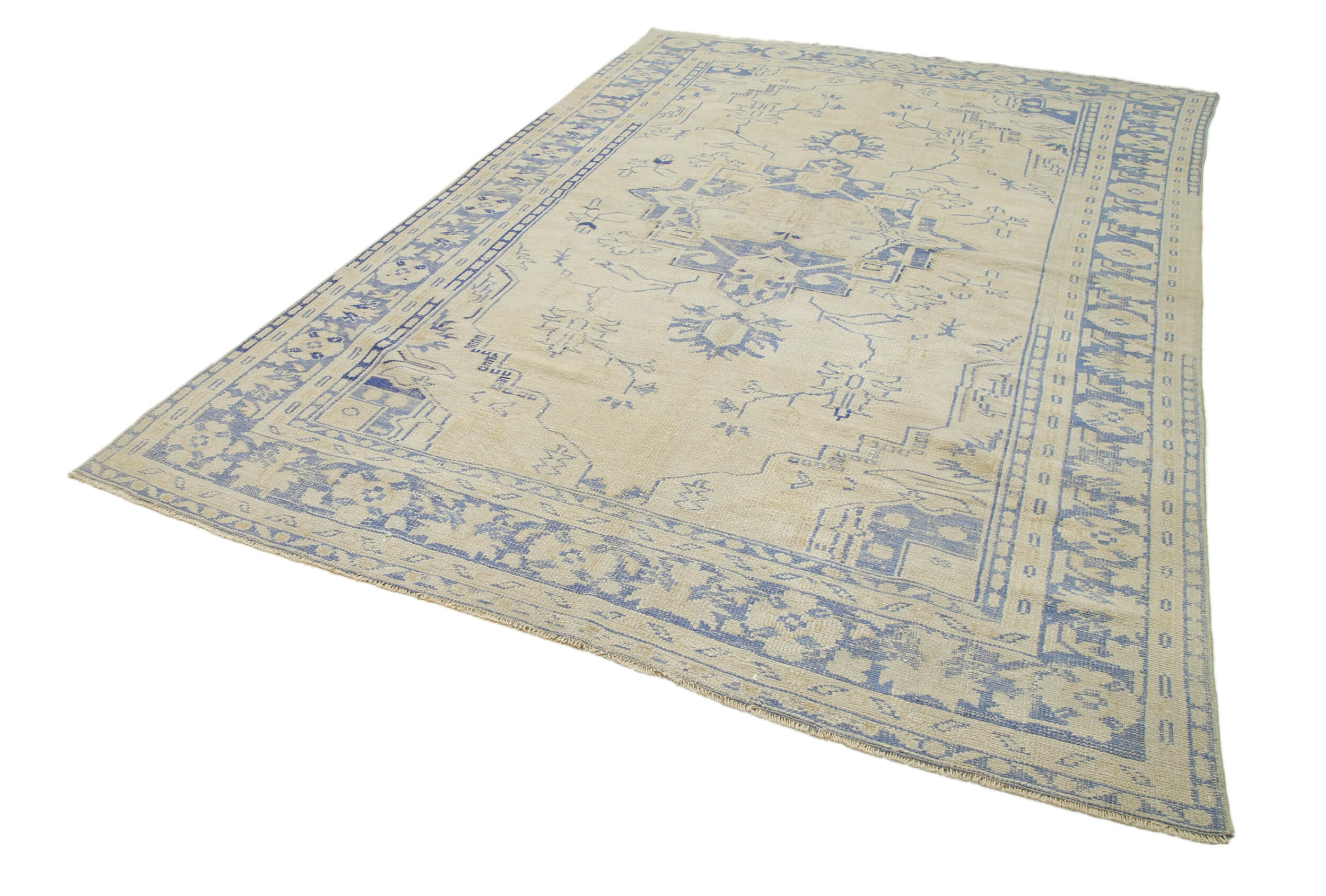 Handmade Area Rug - Overdyed Beige Vintage Cotton & Wool Carpet 7'0" x 10'6"