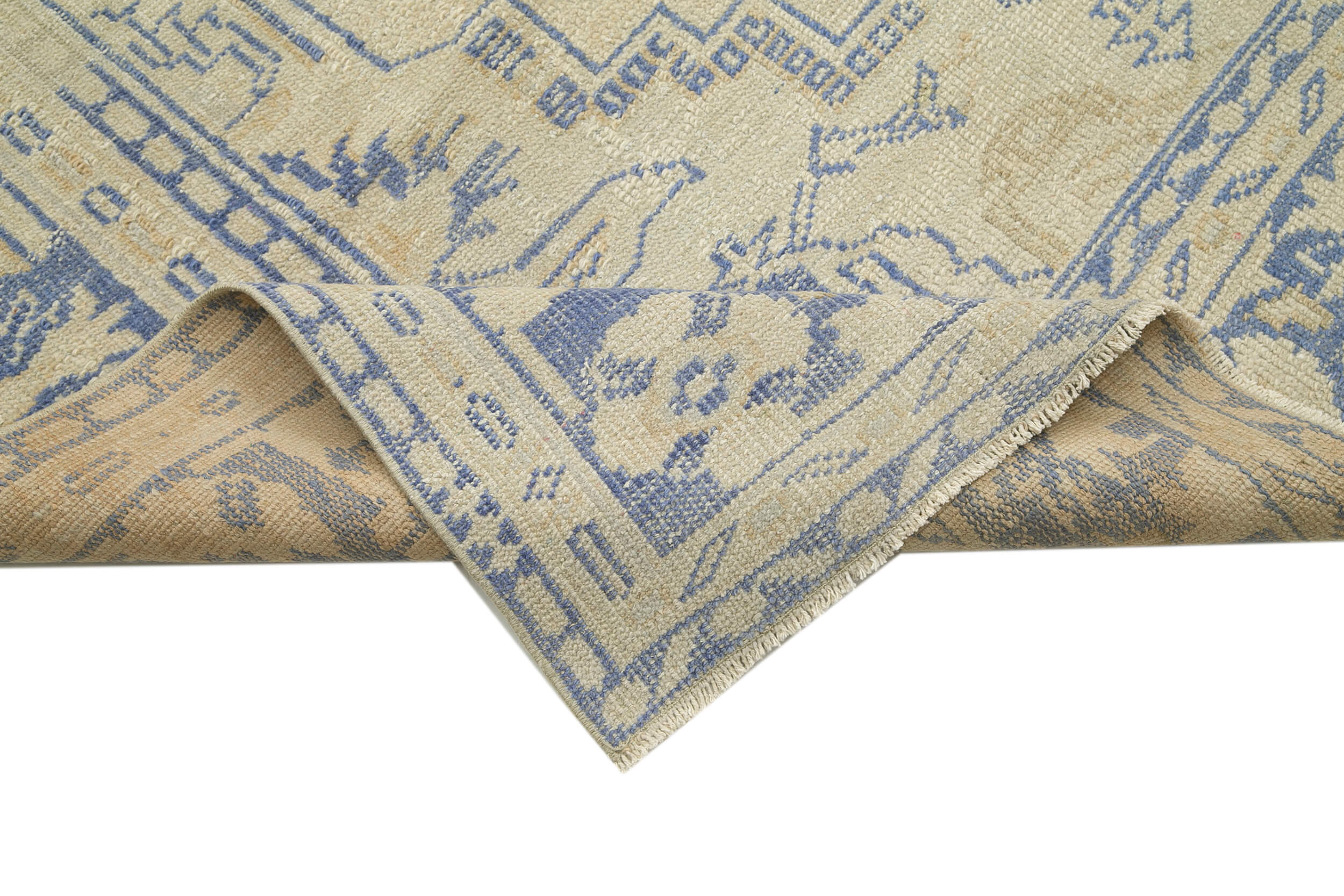 Handmade Area Rug - Overdyed Beige Vintage Cotton & Wool Carpet 7'0" x 10'6"
