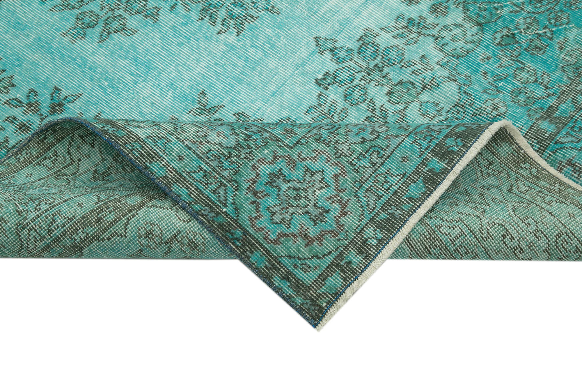 Vintage Handmade Area Rug – Overdyed Turquoise Wool Cotton Bohemian Style Rug 5'8''x9'1''