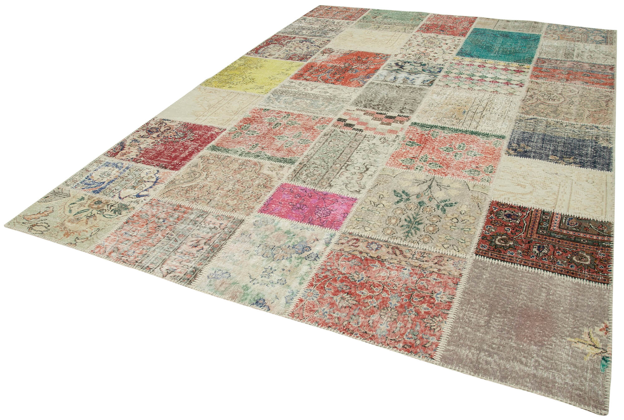 Handmade Area Rug - Blue Patchwork Wool Cotton Carpet | Vintage Turkish Style 8'2"x11'6"