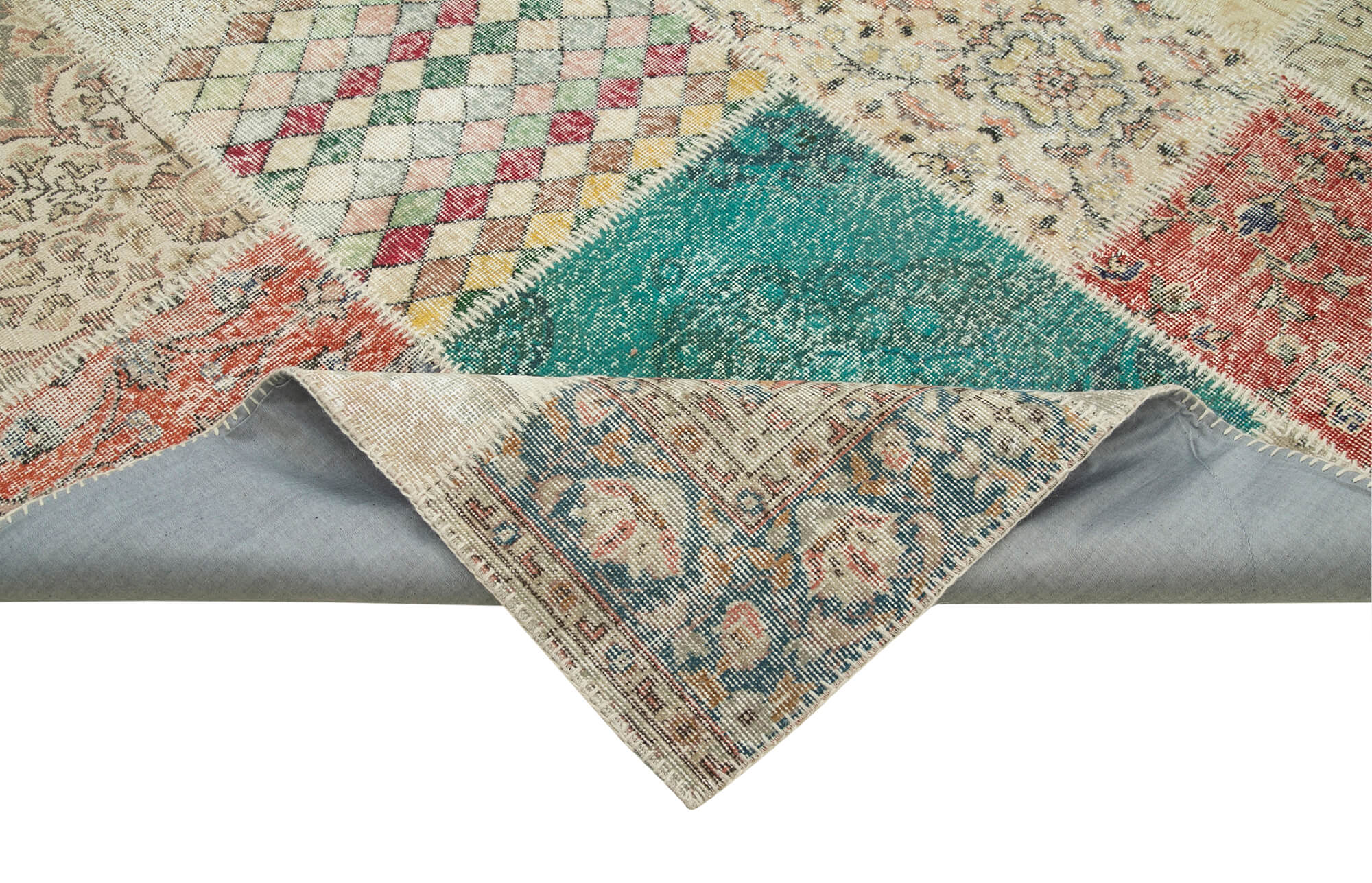 Handmade Area Rug - Blue Patchwork Wool Cotton Carpet | Vintage Turkish Style 8'2"x11'6"