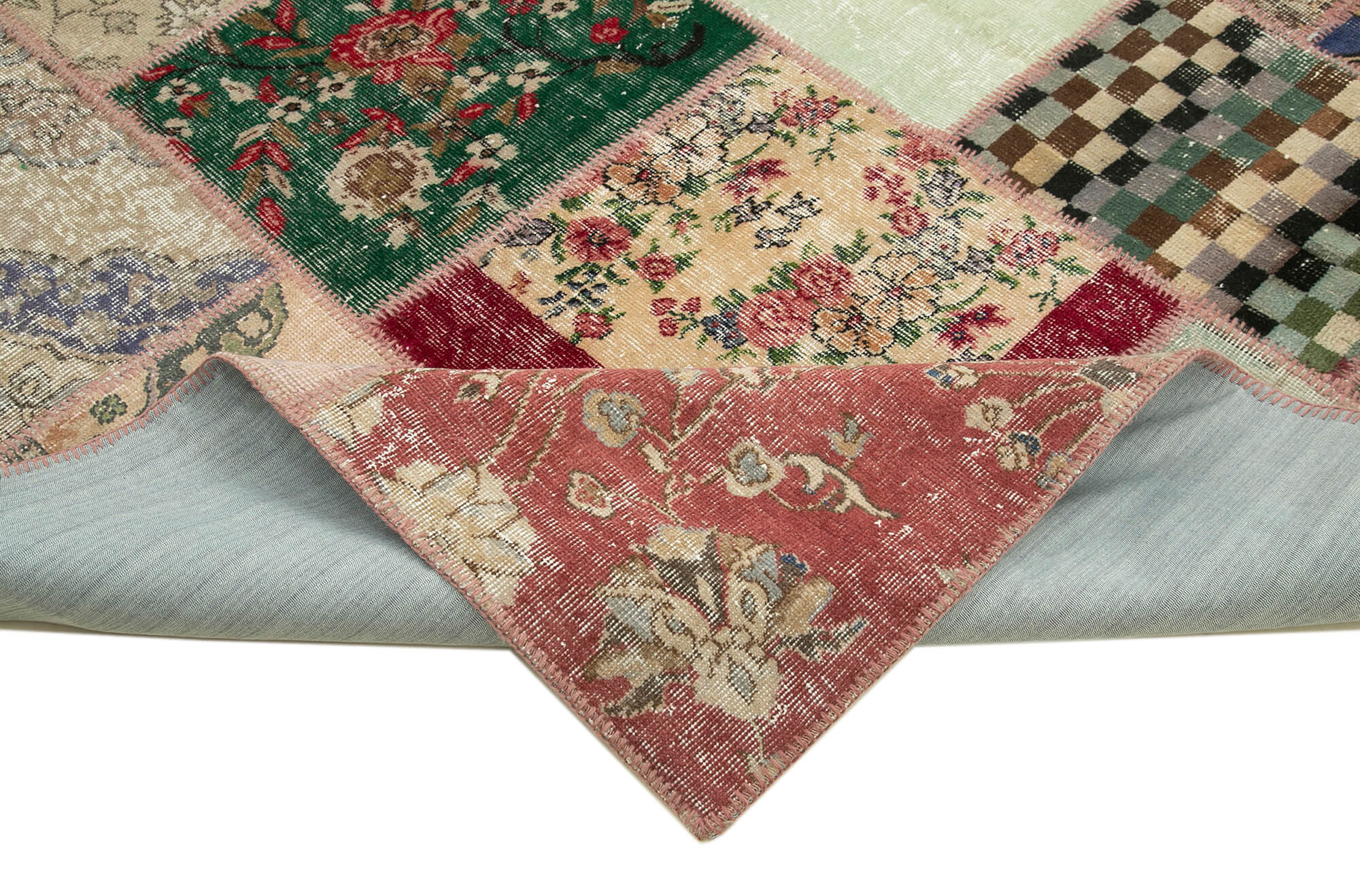 Handmade Patchwork Rug – Kirk Yama Blue Cotton Wool Vintage Area Rug 8'8''x12'