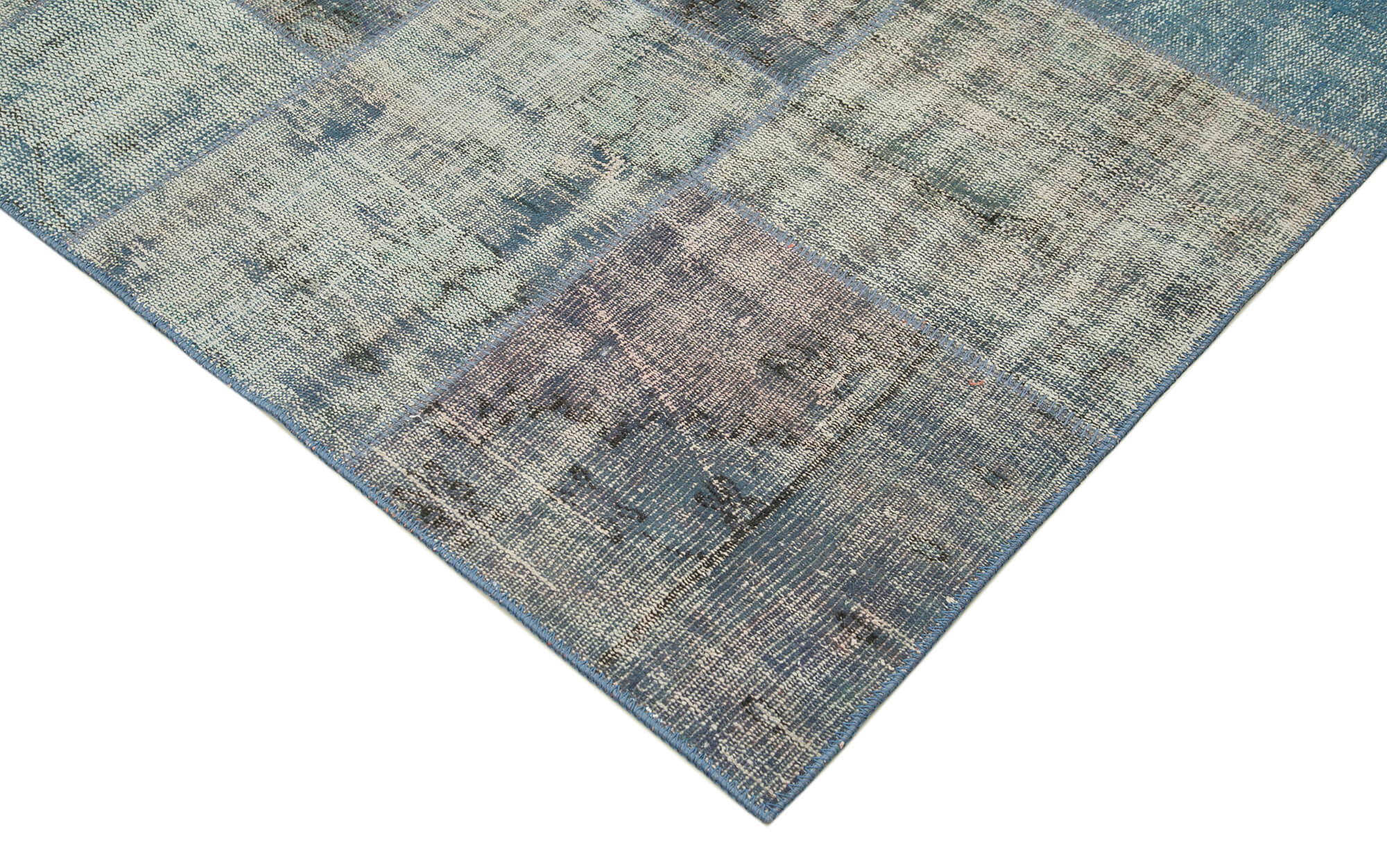 Handmade Area Rug - Blue Patchwork Cotton Wool Vintage Turkish Carpet 8'x11'7''