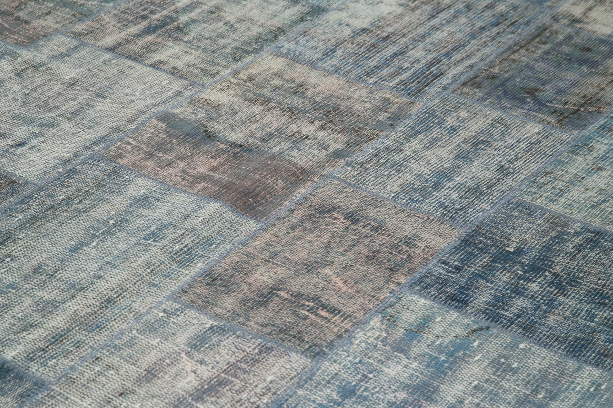 Handmade Area Rug - Blue Patchwork Cotton Wool Vintage Turkish Carpet 8'x11'7''