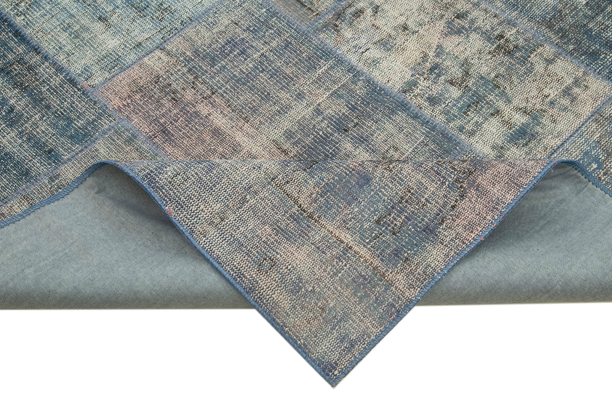 Handmade Area Rug - Blue Patchwork Cotton Wool Vintage Turkish Carpet 8'x11'7''