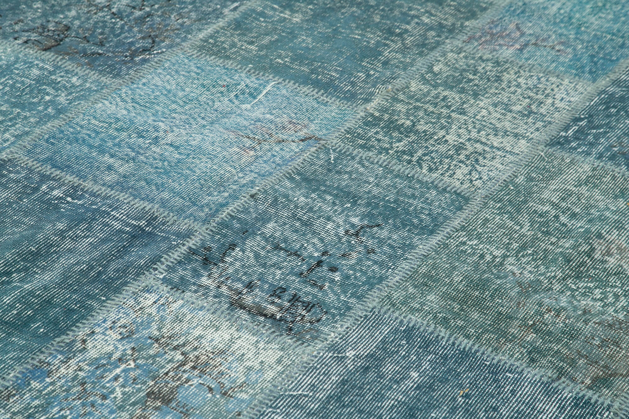 Handmade Area Rug – Blue Patchwork Wool Cotton Carpet, Vintage Turkish Design 8'4''x11'7''