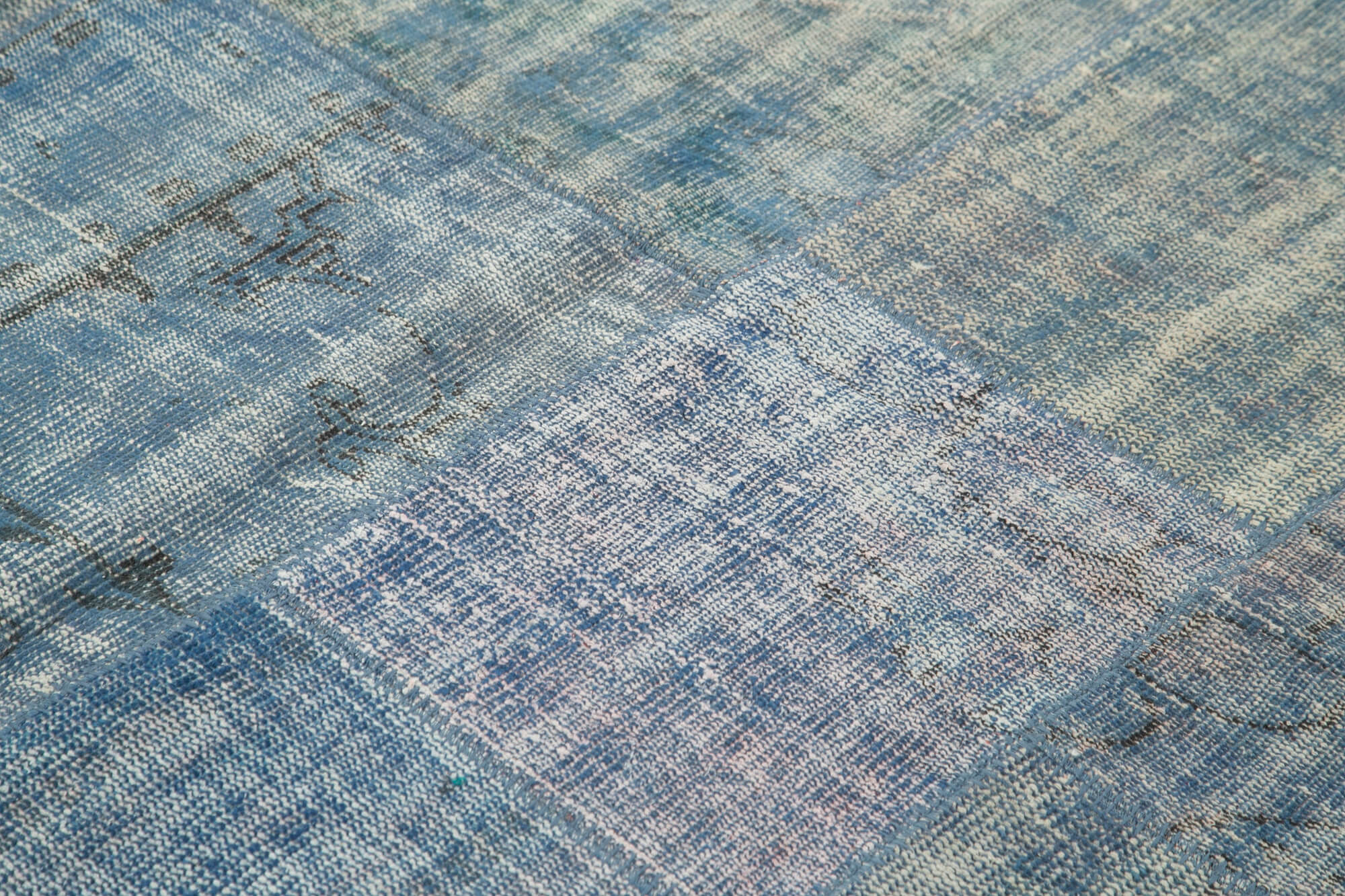 Handmade Area Rug – Blue Patchwork Wool Cotton Carpet 8'x9'9'' Durable Vintage
