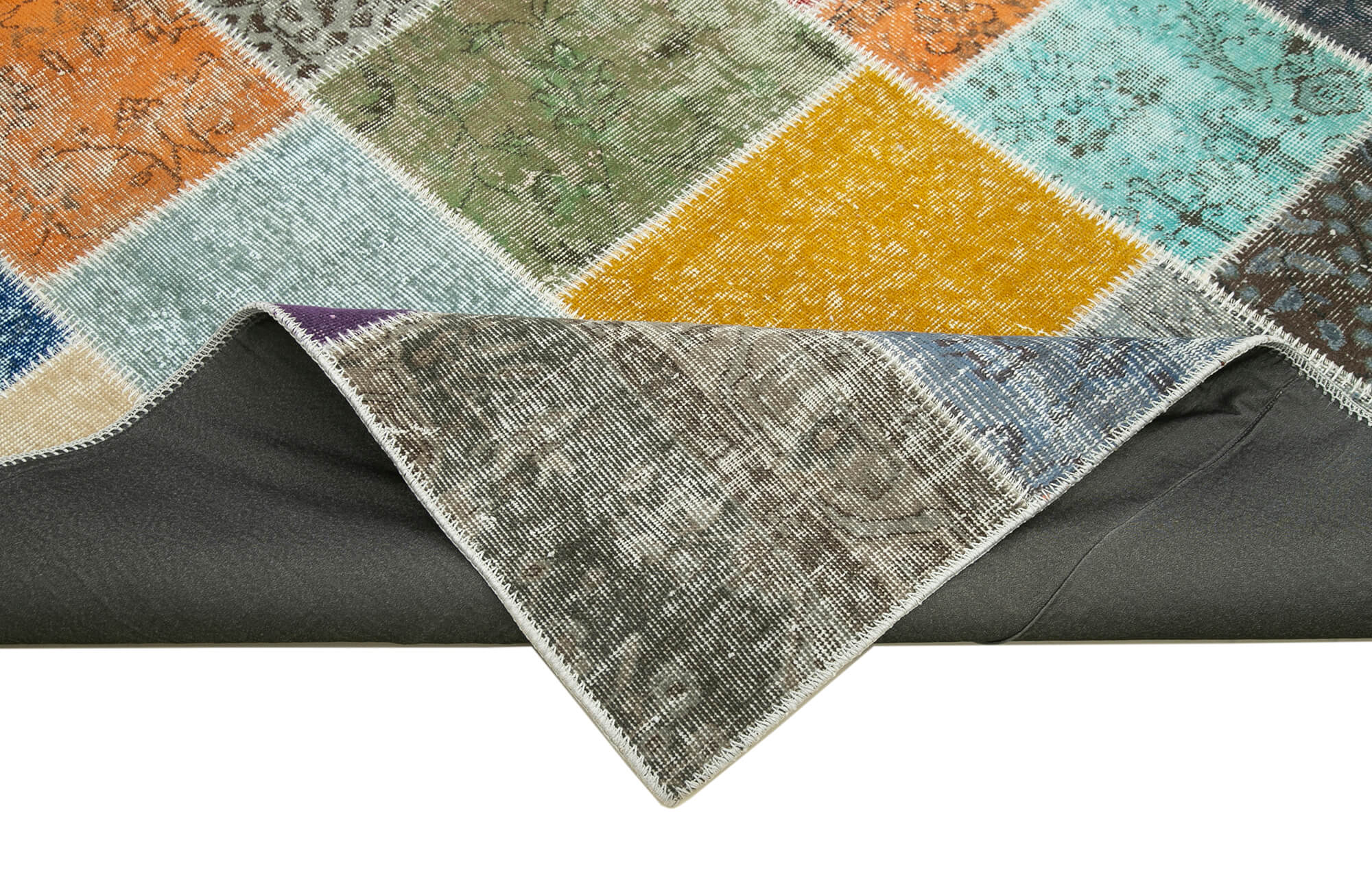 Handmade Area Rug – Blue Patchwork Cotton Wool Vintage Handwoven Carpet 8'2"x9'9"