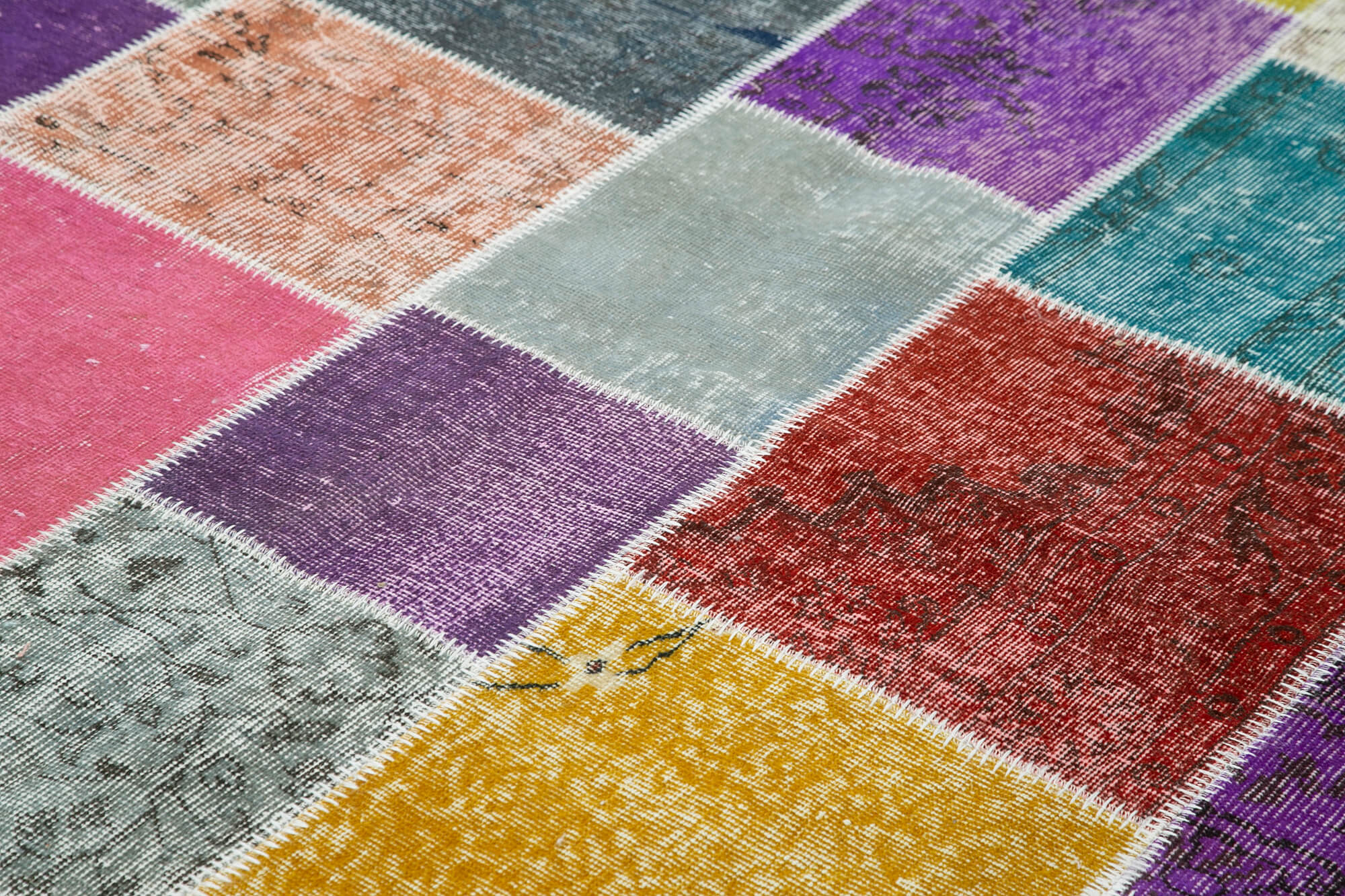 Handmade Area Rug - Blue Patchwork Cotton Wool Vintage Turkish Carpet 8'2''x9'10''