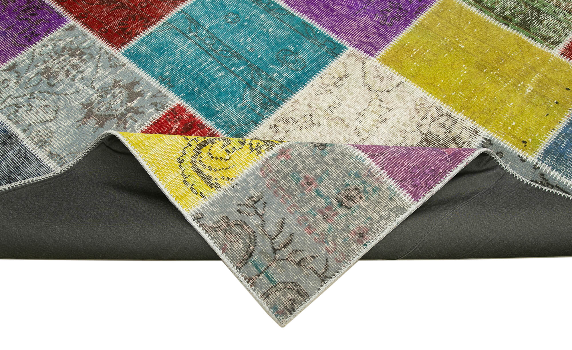 Handmade Area Rug - Blue Patchwork Cotton Wool Vintage Turkish Carpet 8'2''x9'10''