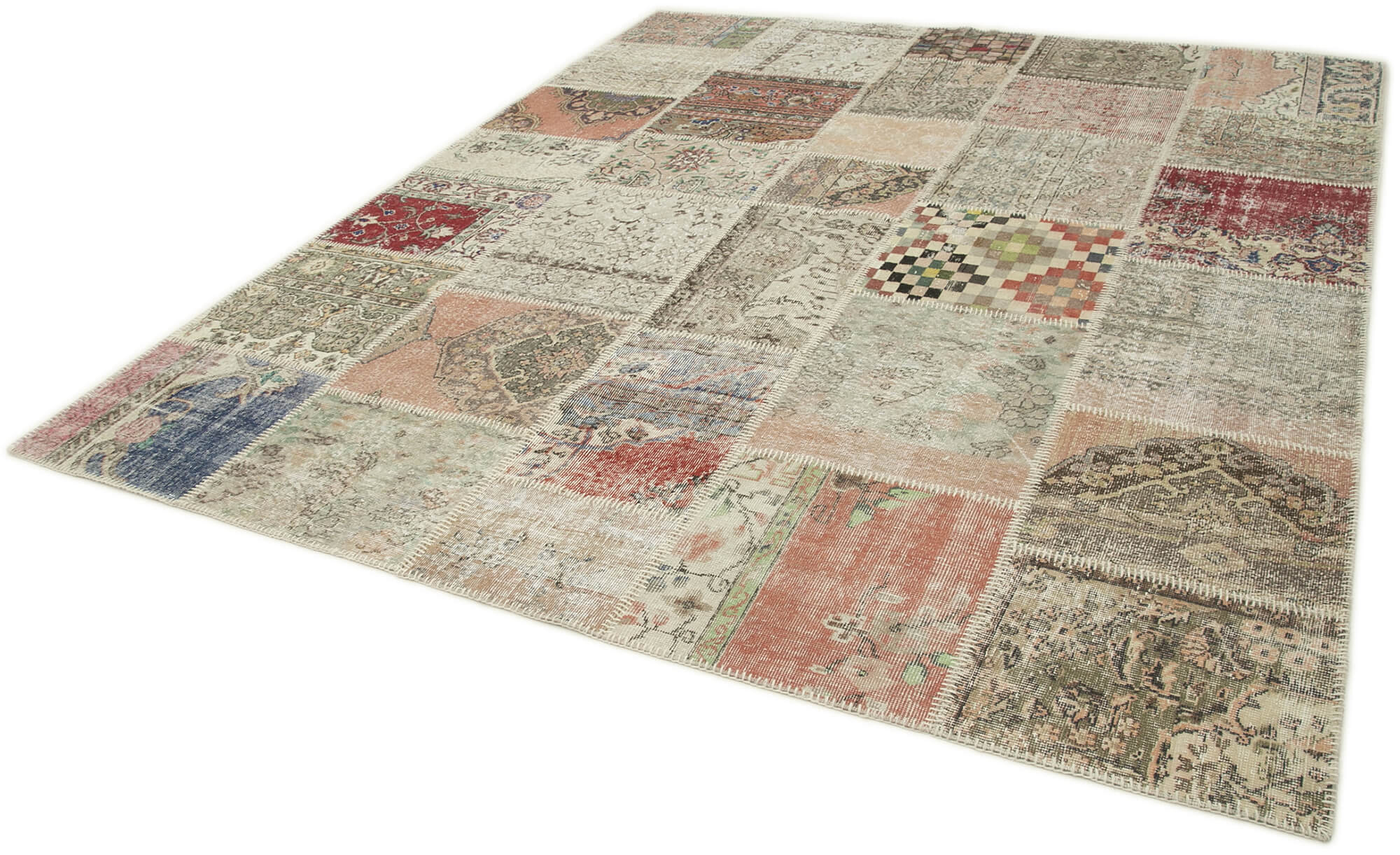 Handmade Area Rug - Blue Patchwork Cotton Wool Vintage Handwoven Carpet 8'3" x 9'9"