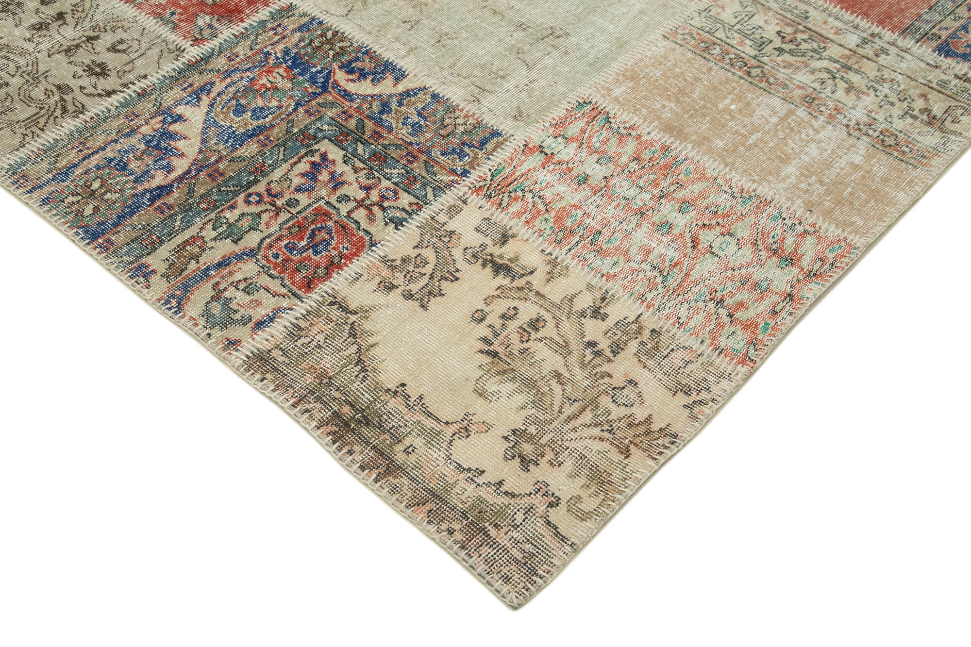 Handmade Patchwork Rug - Blue Area Rug Cotton Wool, Vintage Turkish Carpet 8'2"x9'11"