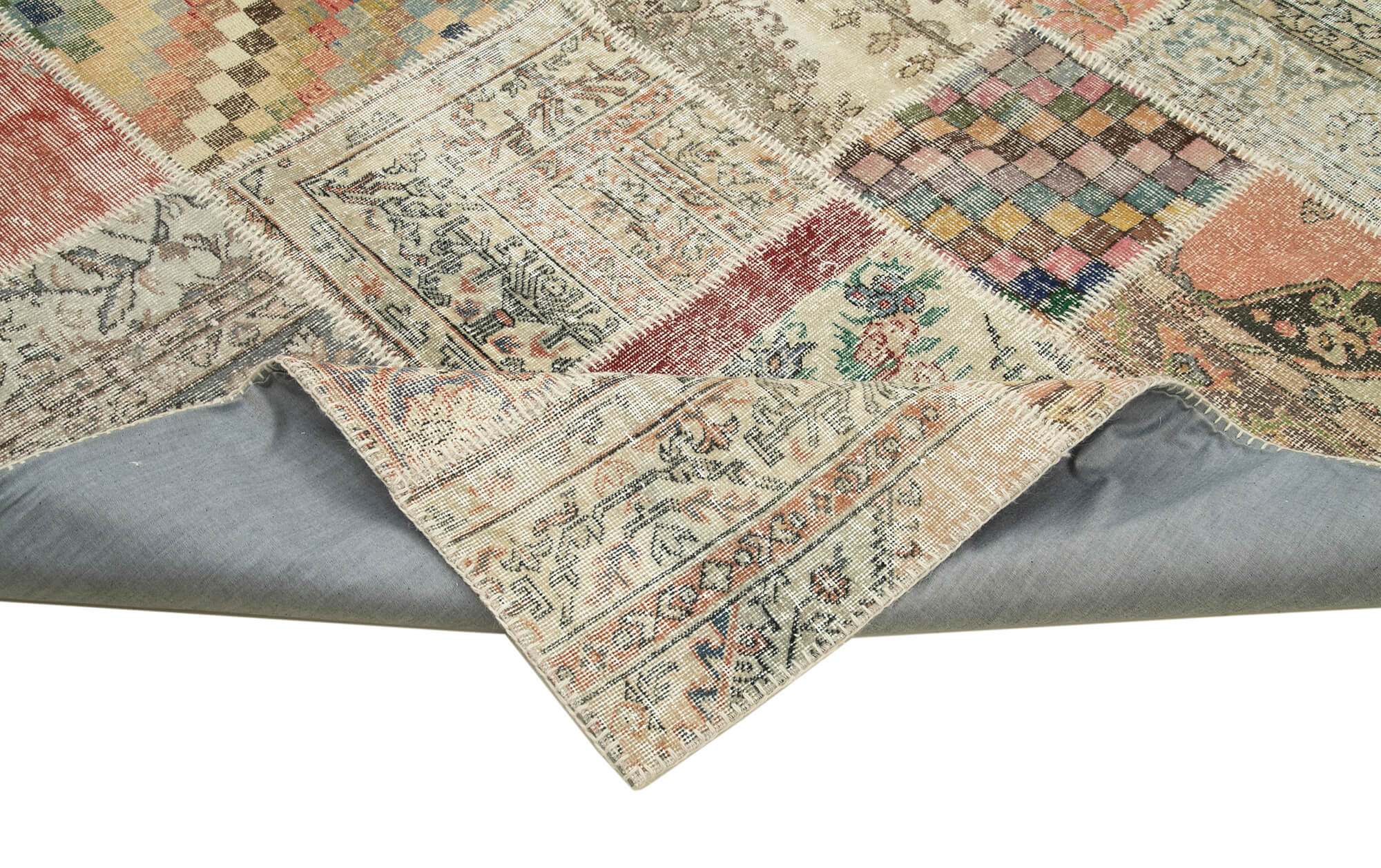 Handmade Patchwork Rug - Blue Area Rug Cotton Wool, Vintage Turkish Carpet 8'2"x9'11"
