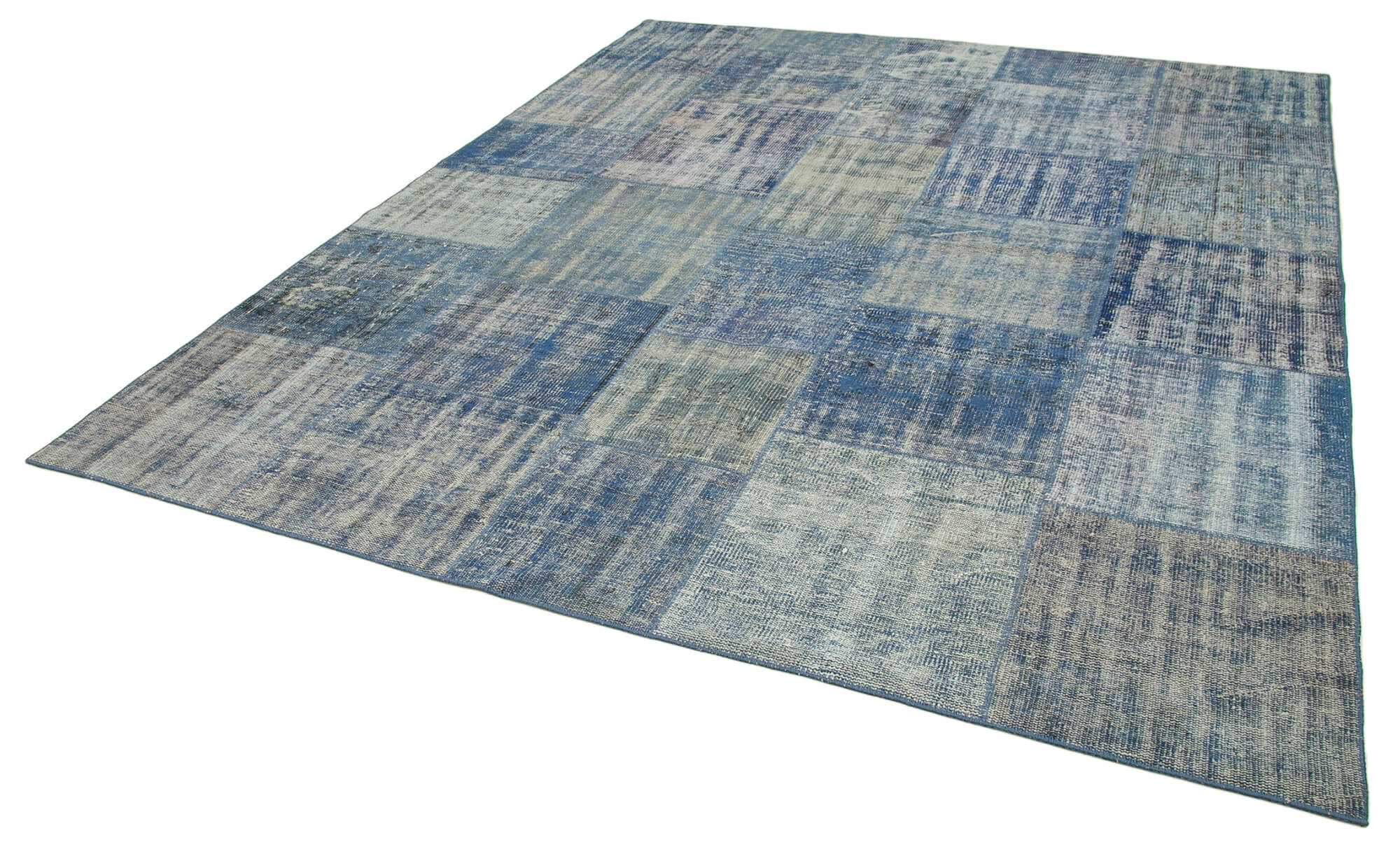 Handmade Patchwork Rug – Kirk Yama Blue Cotton Wool Vintage Area Rug 8'0''x9'8''