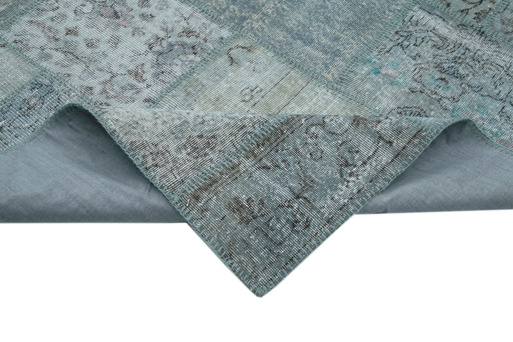 Handmade Patchwork Rug - Blue Cotton Wool Area Rug 9'10''x13'1'' | Durable Turkish Carpet