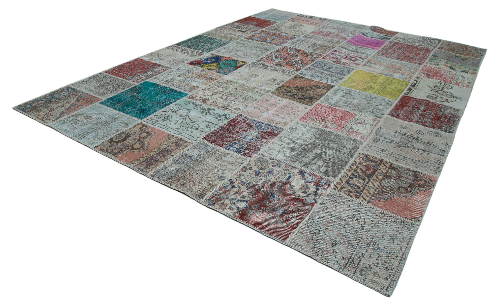Handmade Area Rug - Blue Patchwork Cotton Wool Vintage Turkish Carpet 9'10''x13'2''