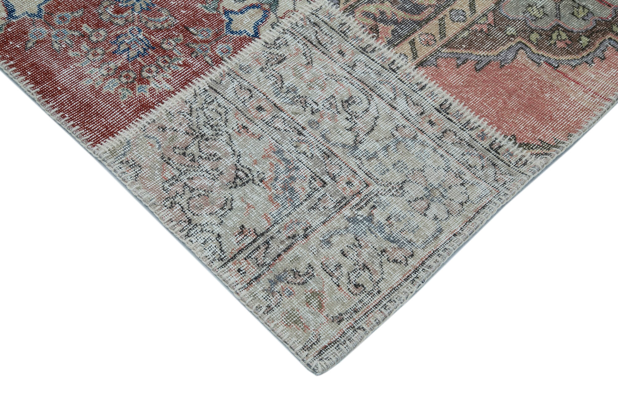 Handmade Area Rug - Blue Patchwork Cotton Wool Vintage Turkish Carpet 9'10''x13'2''