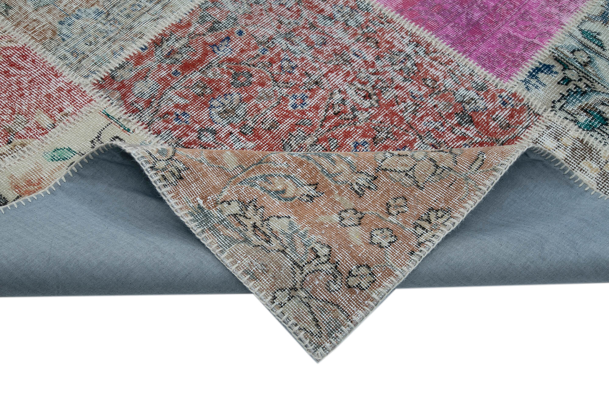 Handmade Area Rug - Blue Patchwork Cotton Wool Vintage Turkish Carpet 9'10''x13'2''