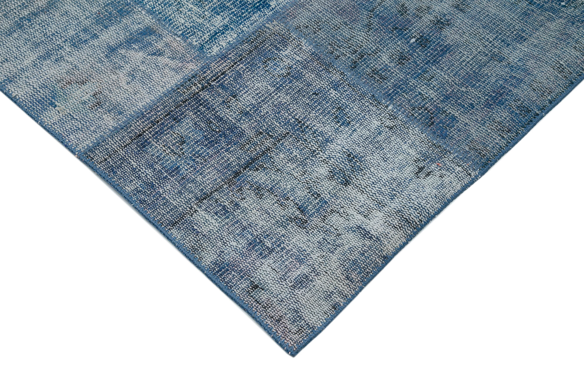 Handmade Area Rug - Blue Patchwork Cotton Wool Vintage Turkish Carpet 9'8''x13'1''