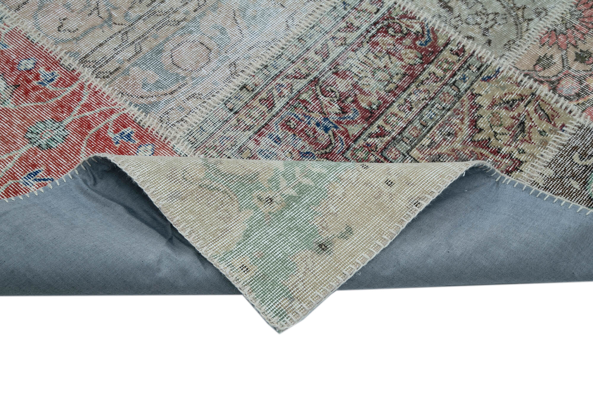 Handmade Patchwork Area Rug - Blue Vintage Turkish Rug Cotton Wool Blend 9'10''x13'1''