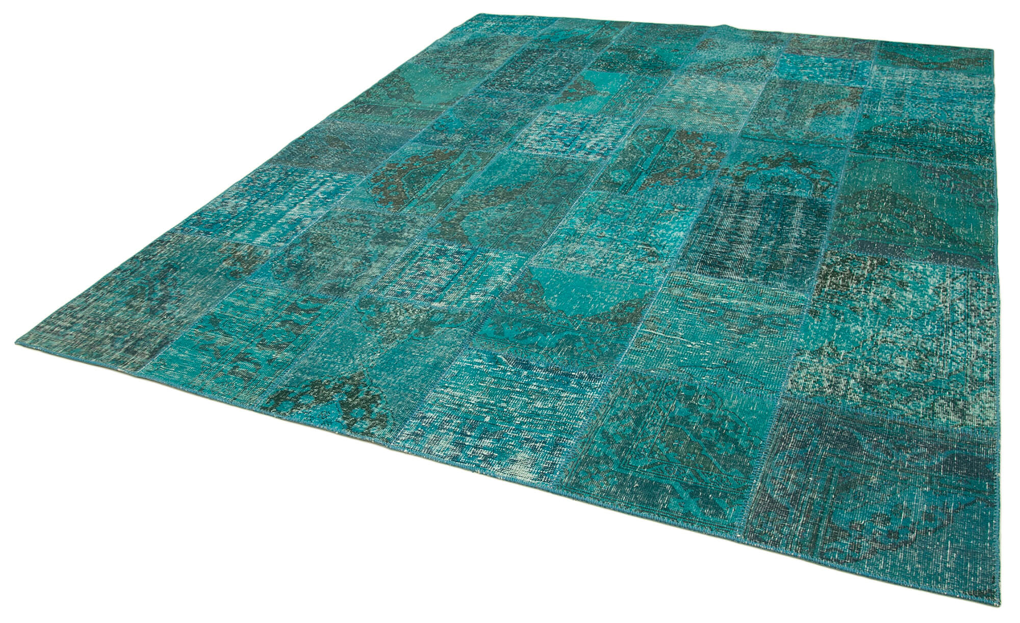 Handmade Area Rug - Turquoise Patchwork Cotton Wool Vintage Carpet 8'3''x9'10''