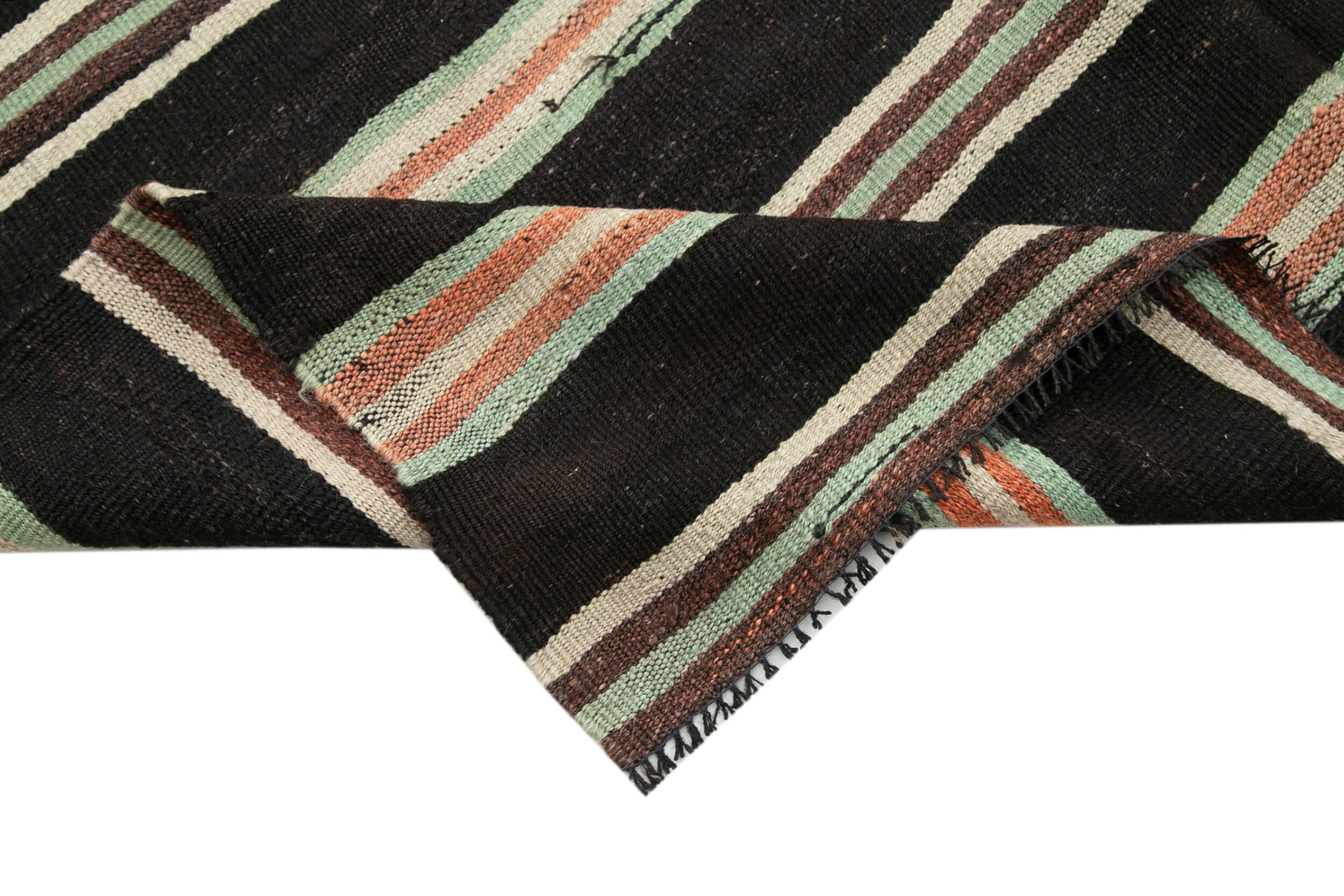 Handmade Kilim Rug - Black Striped Area Rug With Natural Wool & Goat Hair, 6'7''x9'7''