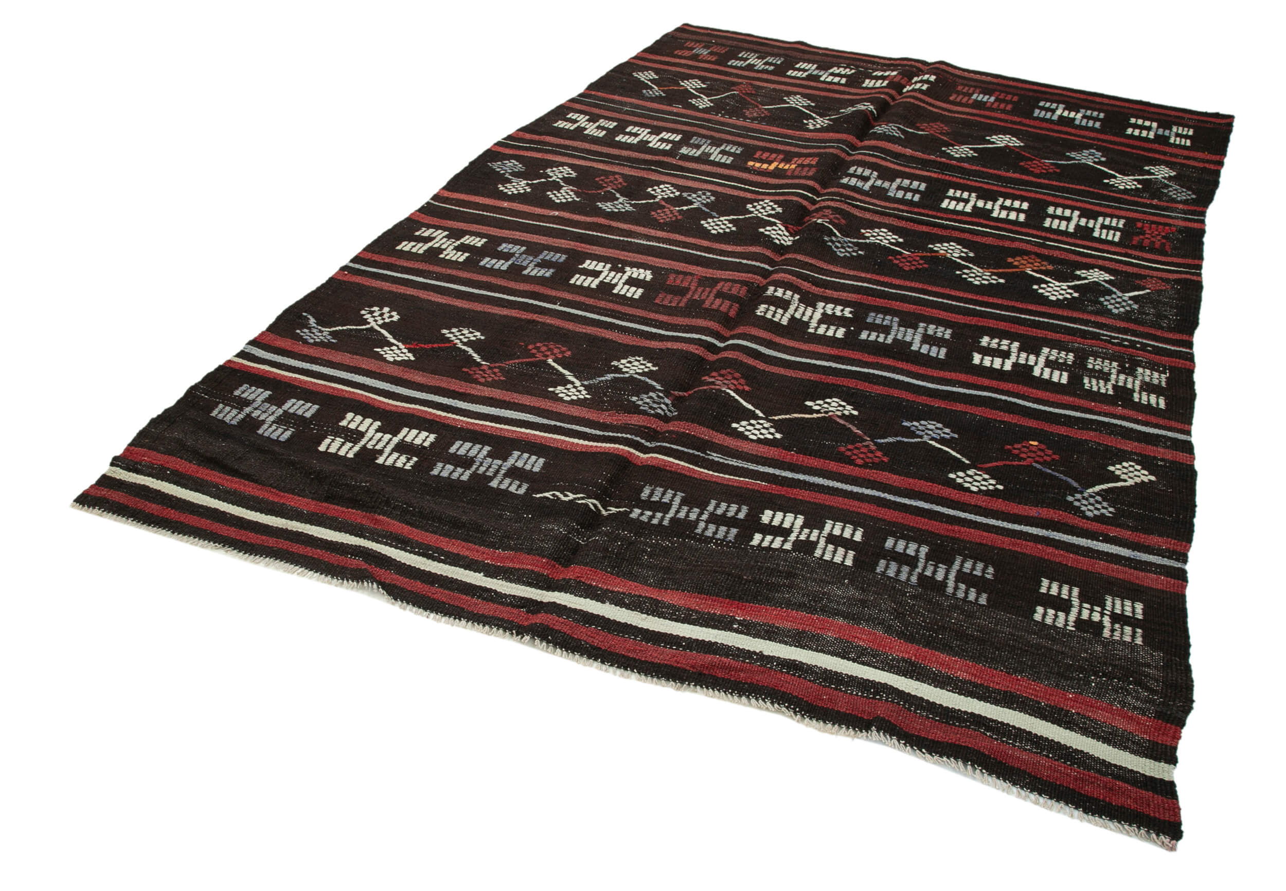 Handmade Kilim Rug – Brown Striped Goat Hair Area Rug 6'7'' x 9'1'' | Vintage Wool