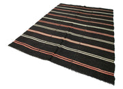Handmade Kilim Rug | Black Striped Area Rug With Goat Hair & Durable Wool Carpet