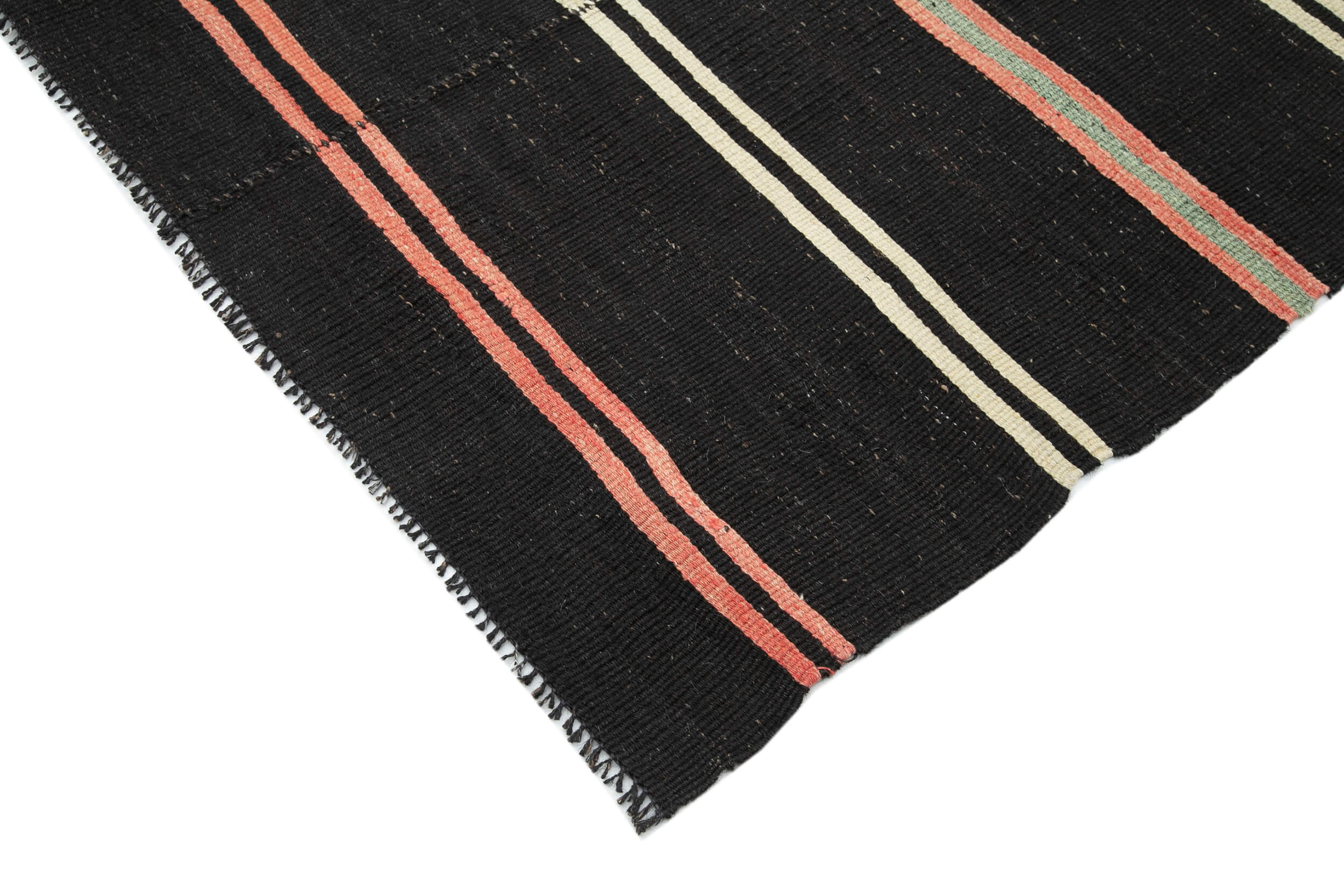Handmade Kilim Rug | Black Striped Area Rug With Goat Hair & Durable Wool Carpet