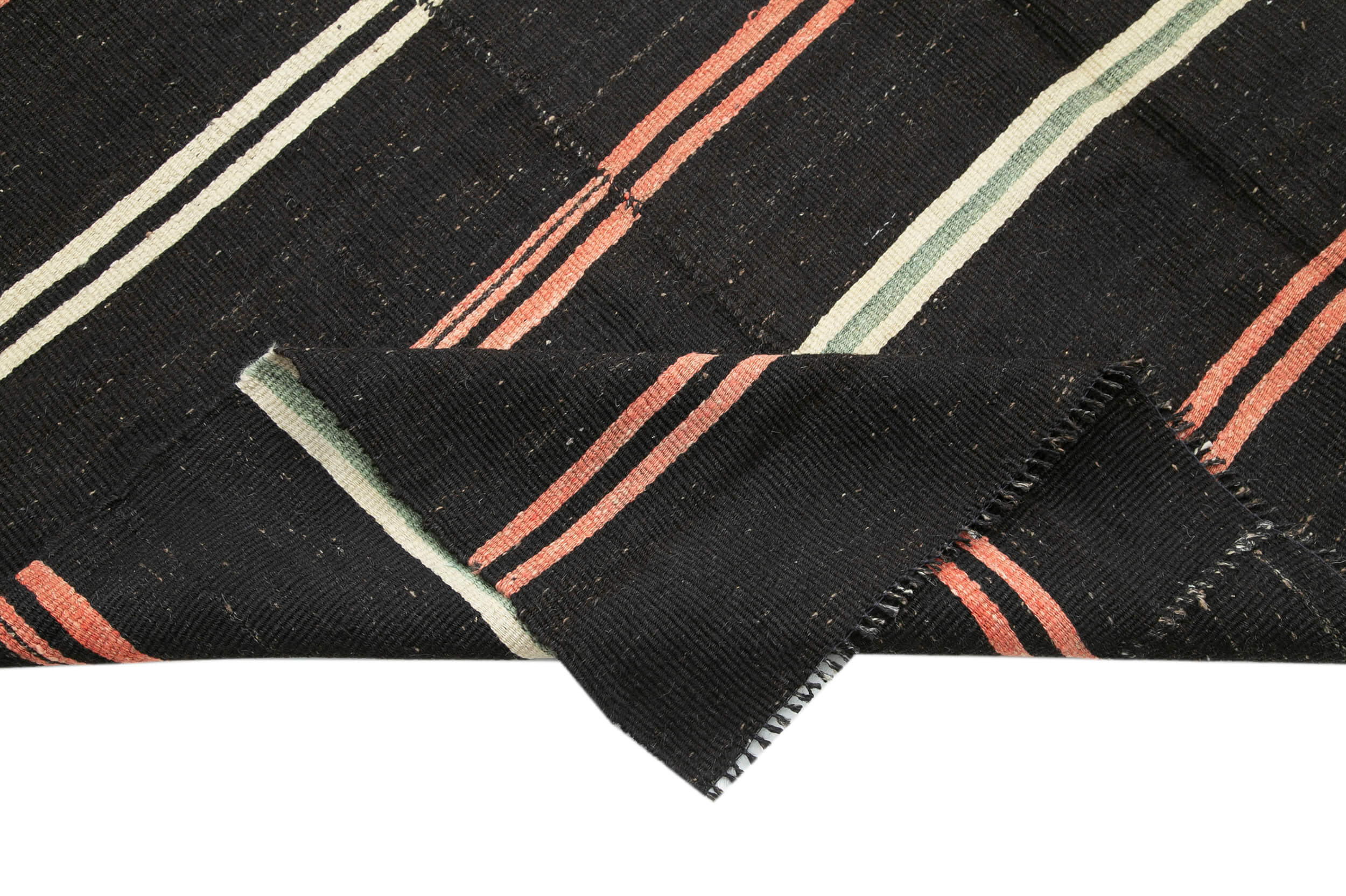 Handmade Kilim Rug | Black Striped Area Rug With Goat Hair & Durable Wool Carpet