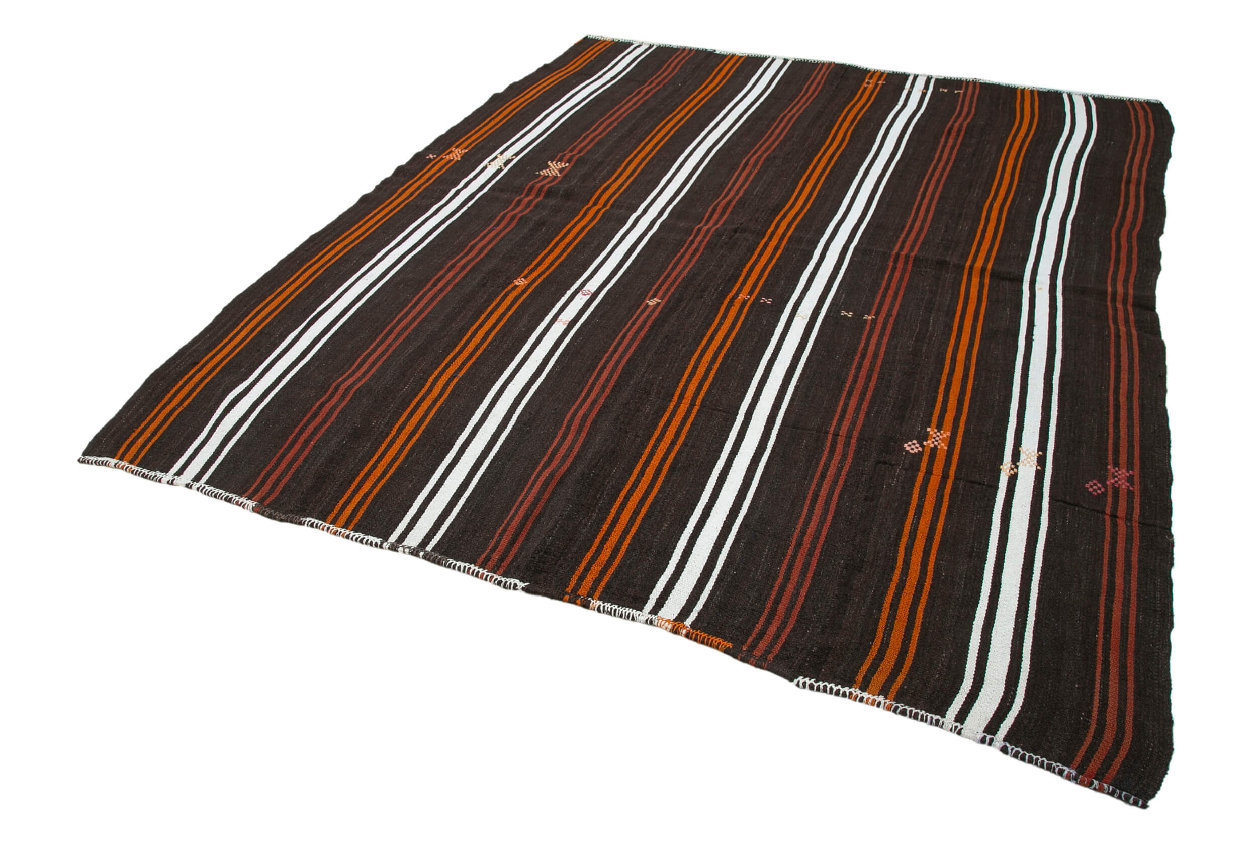 Handmade Striped Kilim Rug - Vintage Area Rug 7x9 Feet | Brown Goat Hair, Turkish Wool